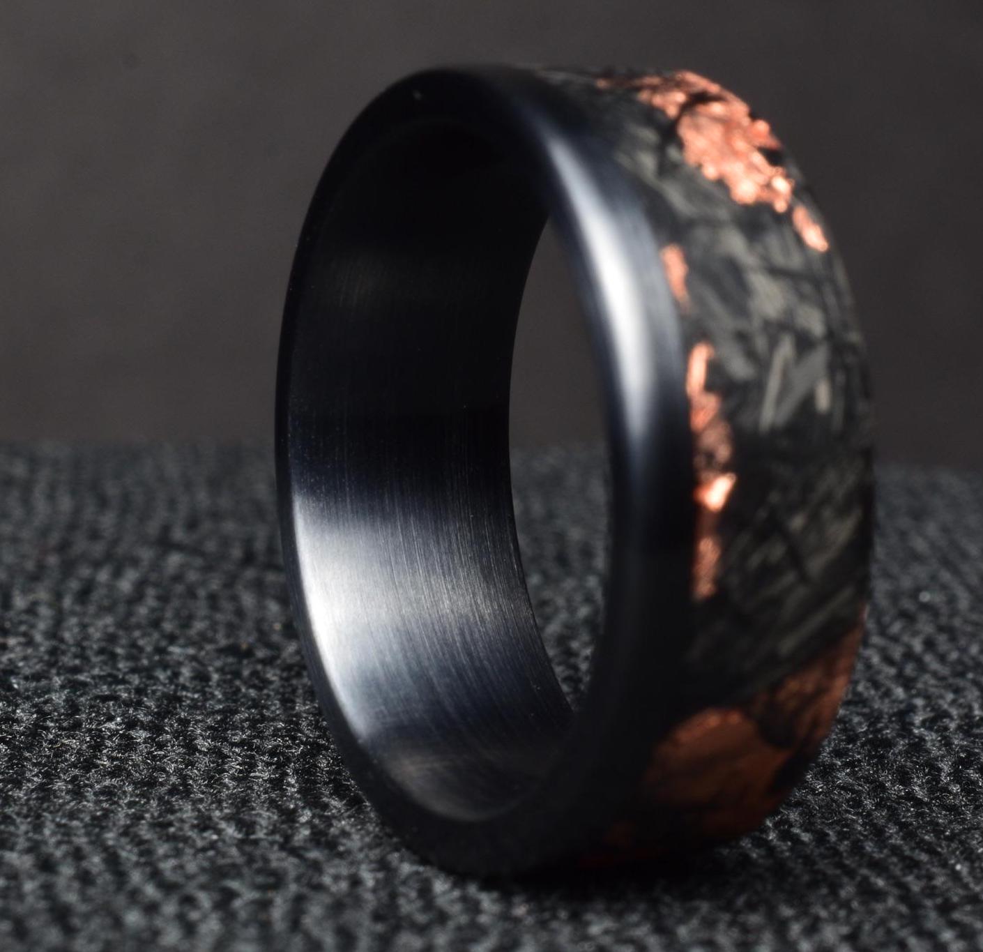 Matte Copper Chopped Carbon Fiber Lined With Brushed Black Titanium Cuff. New Exclusive Designs. Black Wedding Ring.