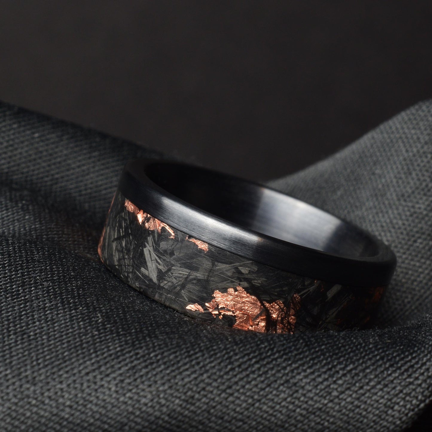 Matte Copper Chopped Carbon Fiber Lined With Brushed Black Titanium Cuff. New Exclusive Designs. Black Wedding Ring.