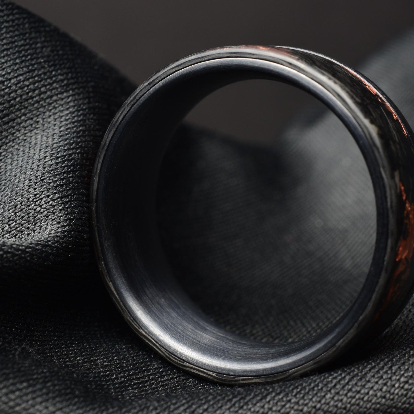 Matte Copper Chopped Carbon Fiber Lined With Brushed Black Titanium Cuff. New Exclusive Designs. Black Wedding Ring.