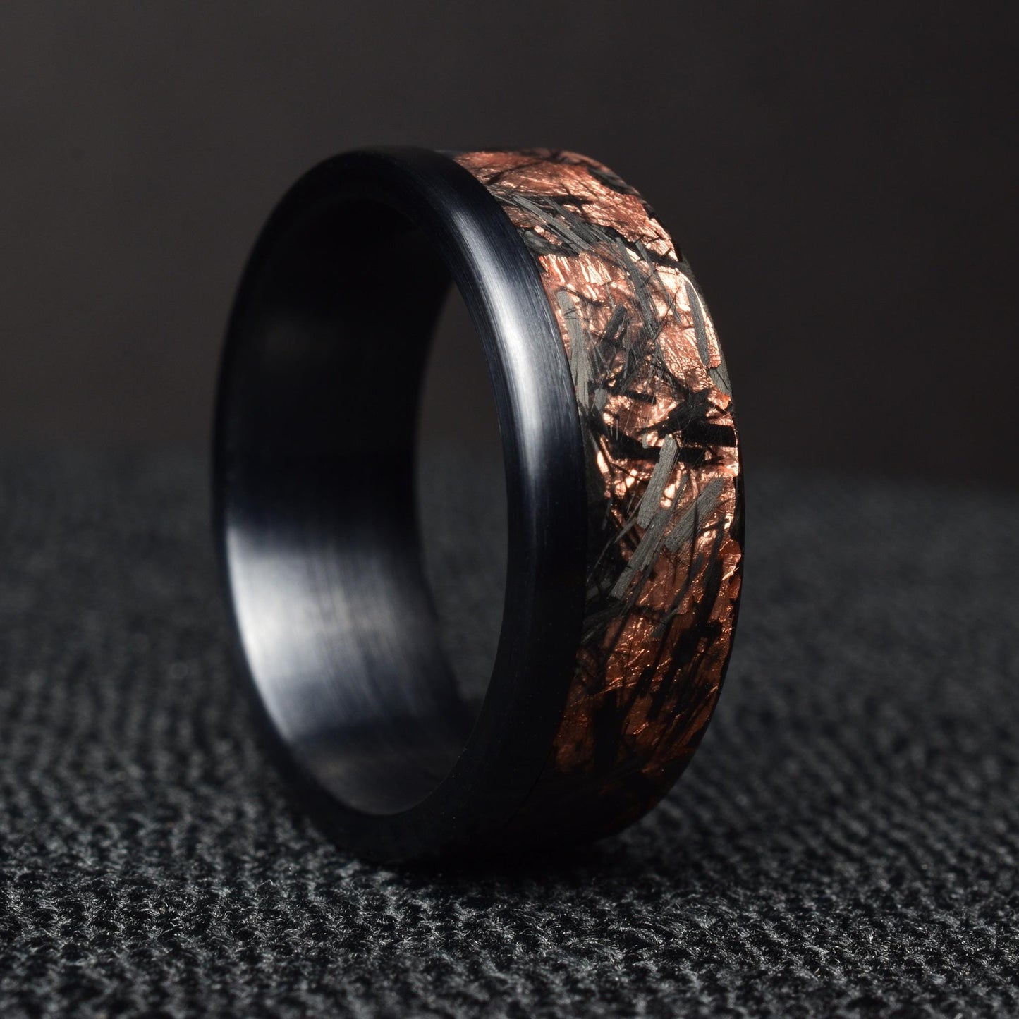 Matte Copper Chopped Carbon Fiber Lined With Brushed Black Titanium Cuff. New Exclusive Designs. Black Wedding Ring.
