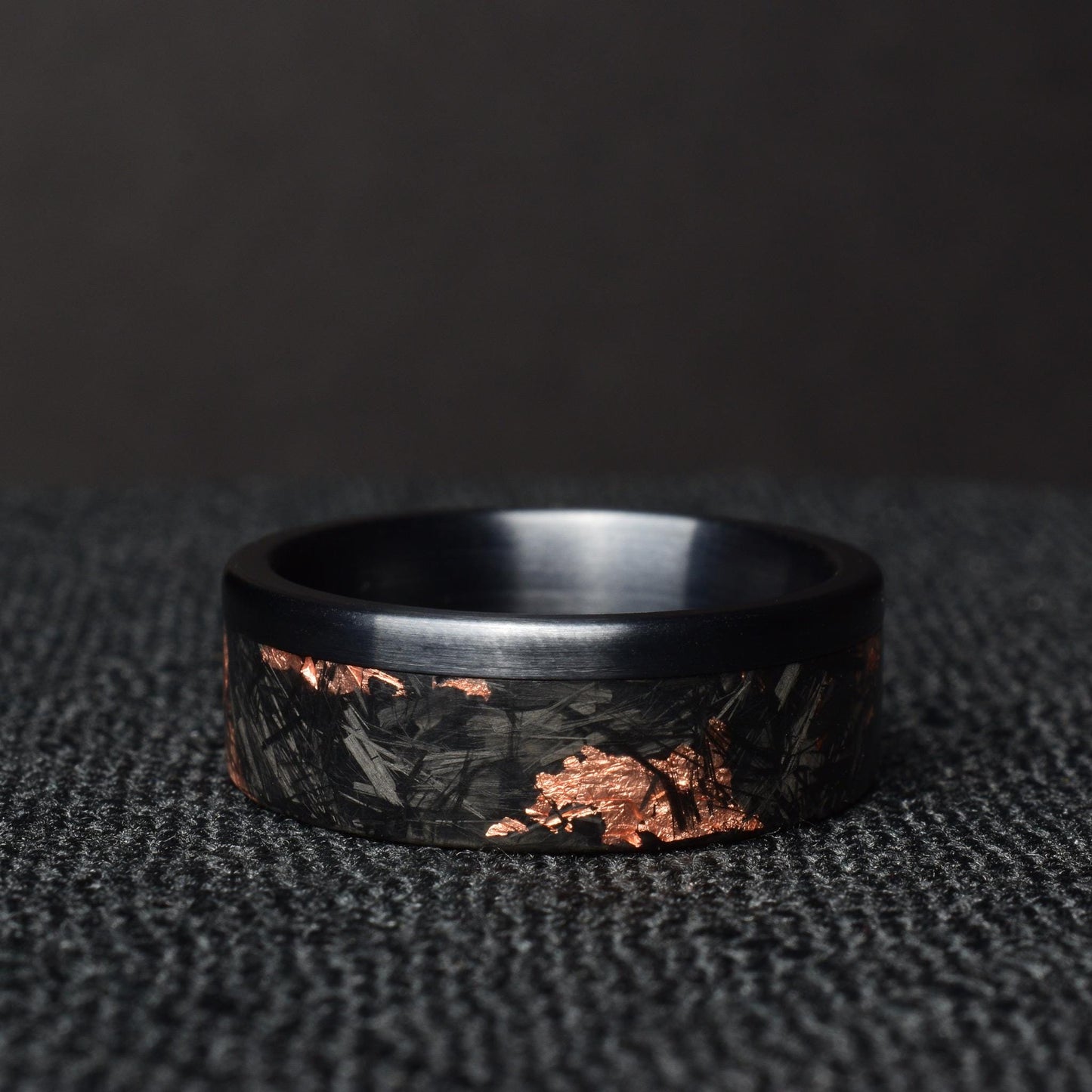 Matte Copper Chopped Carbon Fiber Lined With Brushed Black Titanium Cuff. New Exclusive Designs. Black Wedding Ring.
