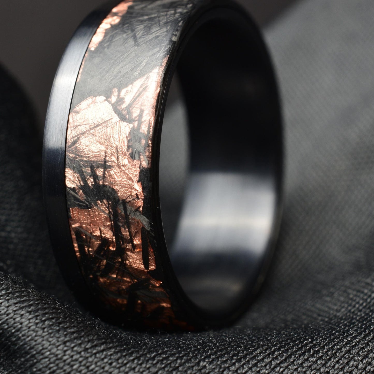 Matte Copper Chopped Carbon Fiber Lined With Brushed Black Titanium Cuff. New Exclusive Designs. Black Wedding Ring.