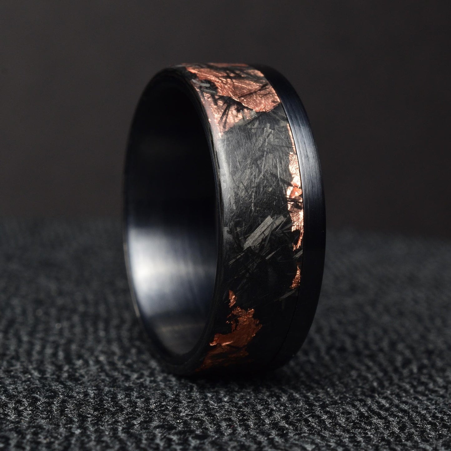 Matte Copper Chopped Carbon Fiber Lined With Brushed Black Titanium Cuff. New Exclusive Designs. Black Wedding Ring.