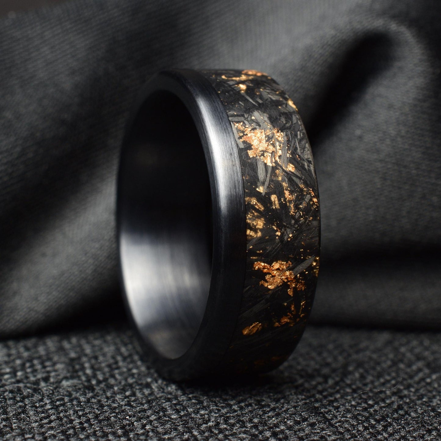 Matte 22k Rose Gold Chopped Carbon Fiber Lined With Brushed Black Titanium Cuff. New Exclusive Designs. Black Ring.