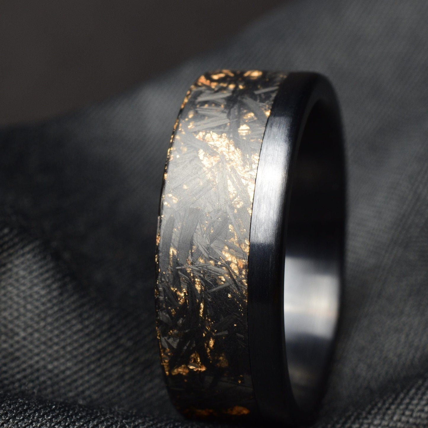 Matte 22k Rose Gold Chopped Carbon Fiber Lined With Brushed Black Titanium Cuff. New Exclusive Designs. Black Ring.