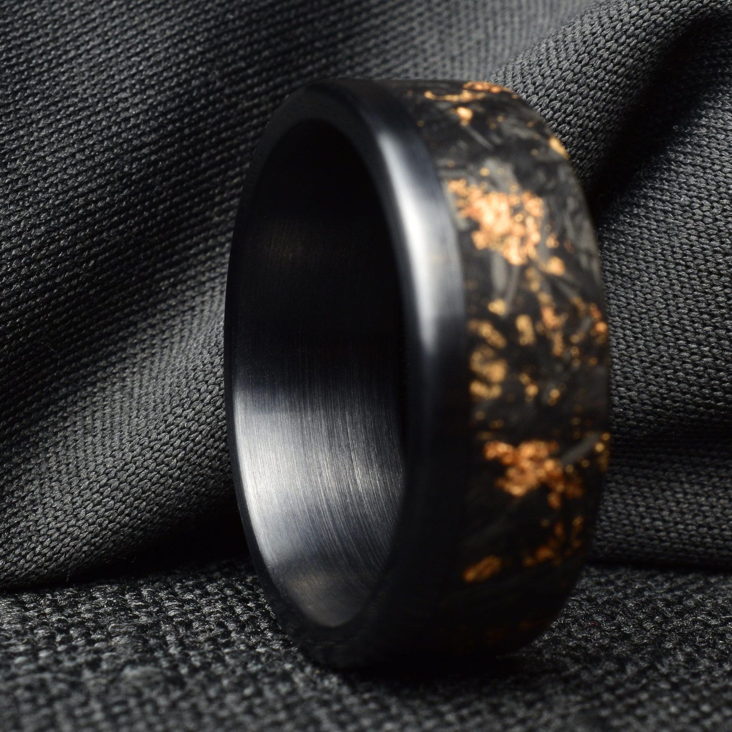 Matte 22k Rose Gold Chopped Carbon Fiber Lined With Brushed Black Titanium Cuff. New Exclusive Designs. Black Ring.