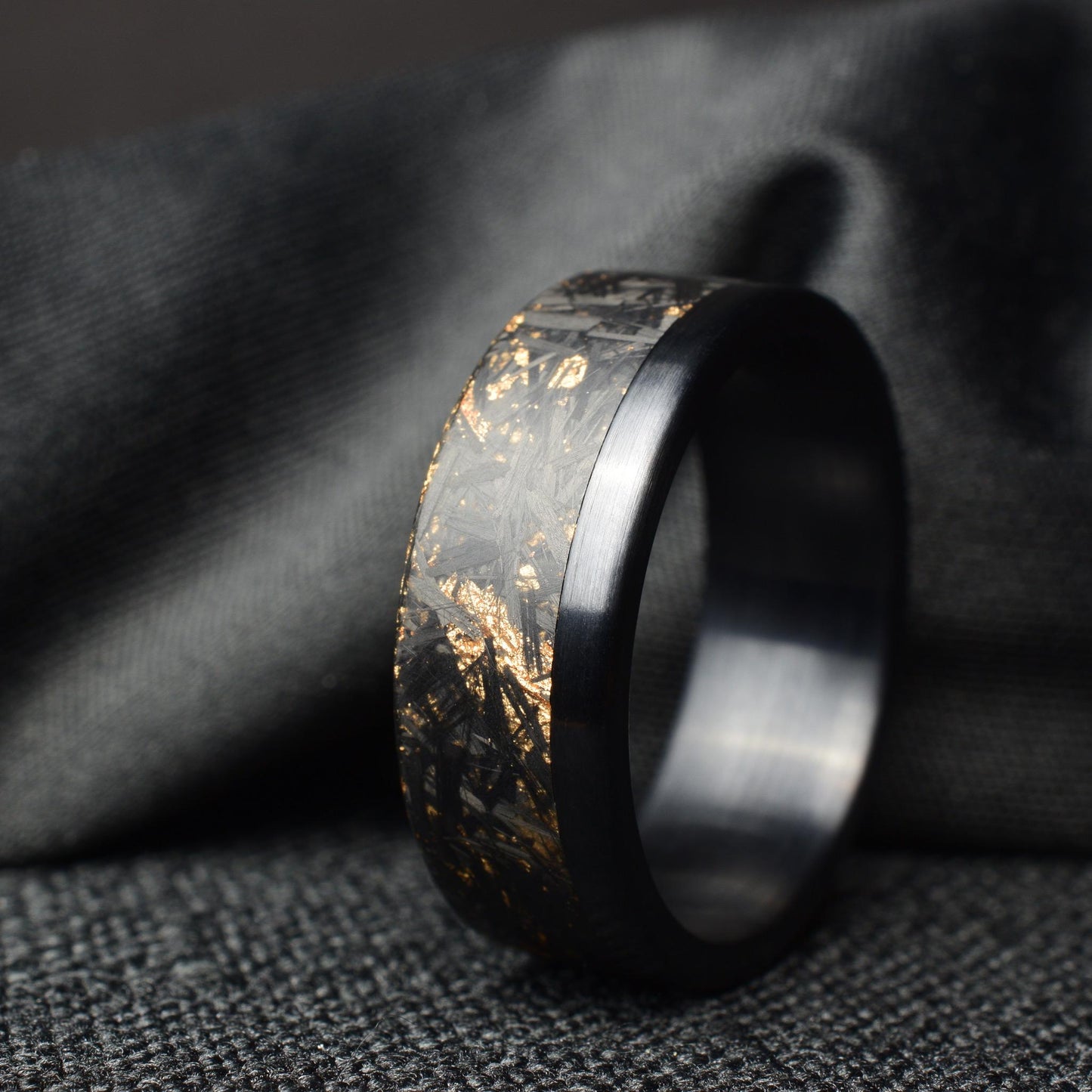 Matte 22k Rose Gold Chopped Carbon Fiber Lined With Brushed Black Titanium Cuff. New Exclusive Designs. Black Ring.