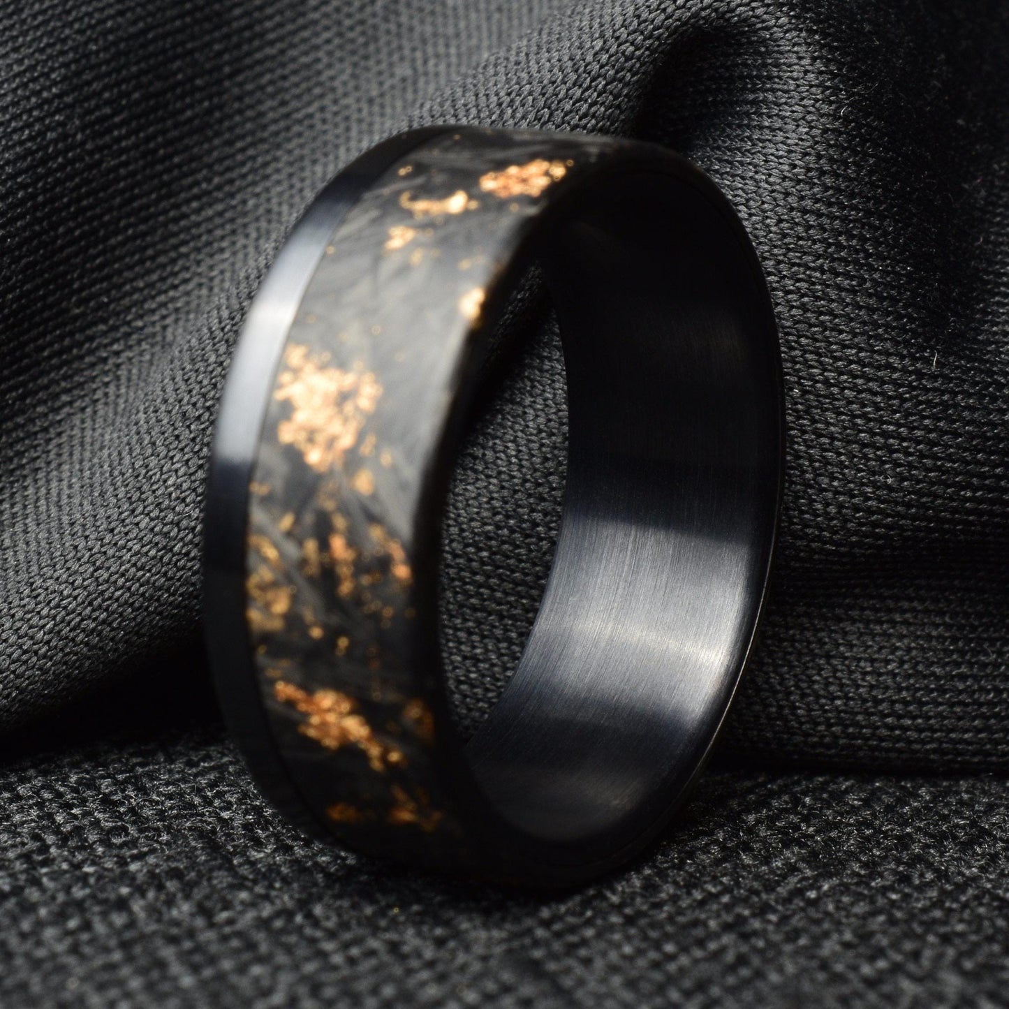 Matte 22k Rose Gold Chopped Carbon Fiber Lined With Brushed Black Titanium Cuff. New Exclusive Designs. Black Ring.