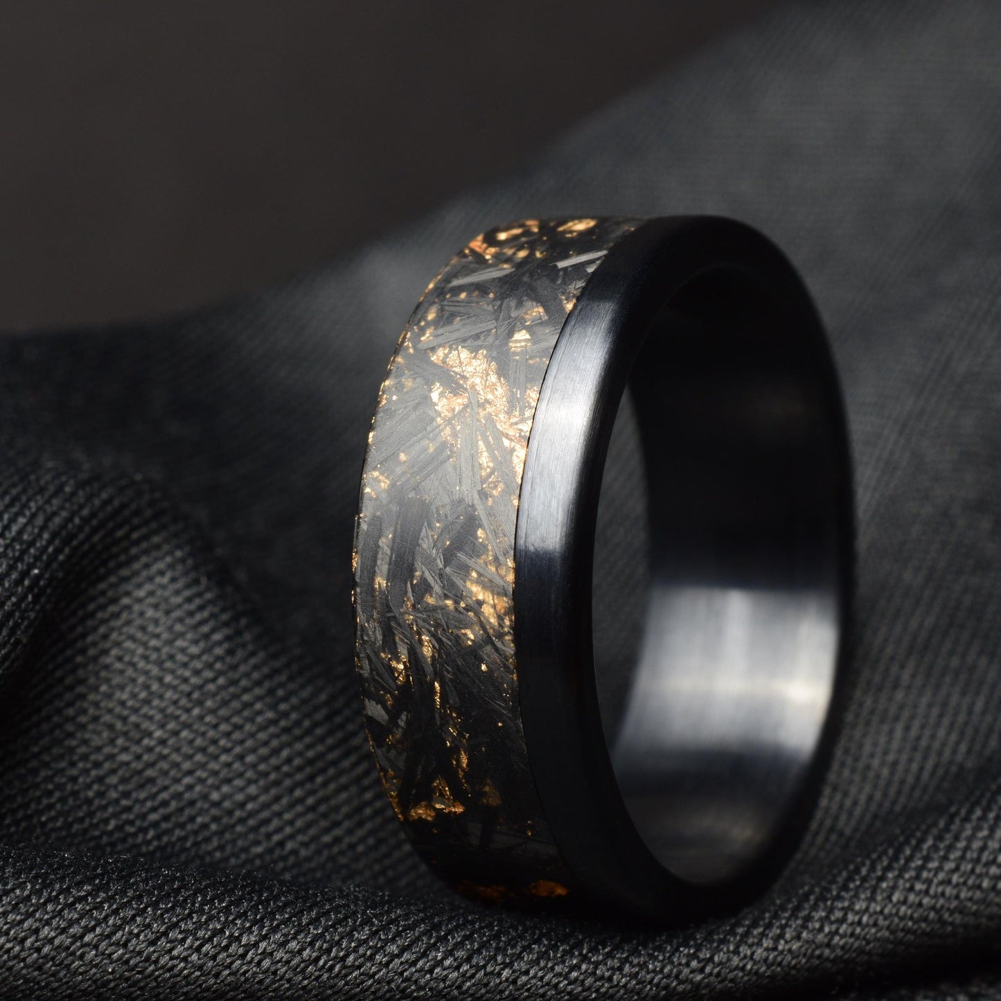 Matte 22k Rose Gold Chopped Carbon Fiber Lined With Brushed Black Titanium Cuff. New Exclusive Designs. Black Ring.