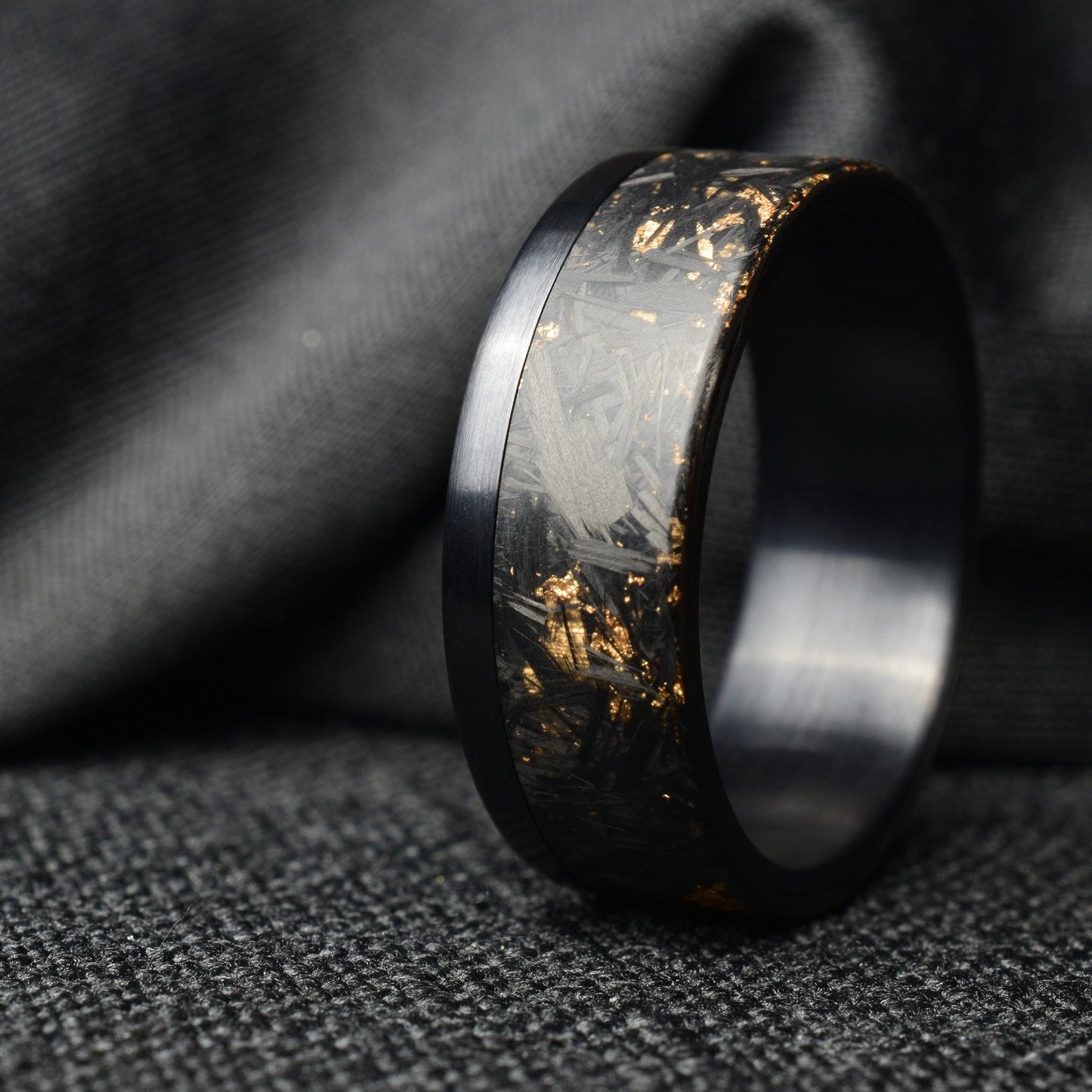 Matte 22k Rose Gold Chopped Carbon Fiber Lined With Brushed Black Titanium Cuff. New Exclusive Designs. Black Ring.