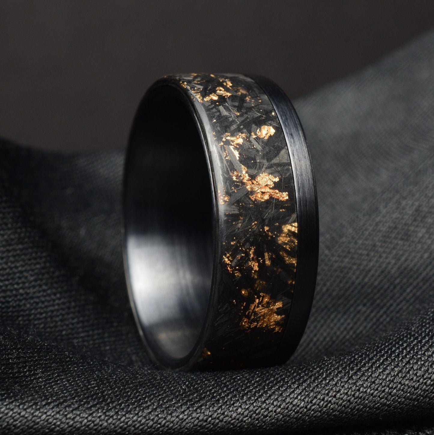 Matte 22k Rose Gold Chopped Carbon Fiber Lined With Brushed Black Titanium Cuff. New Exclusive Designs. Black Ring.