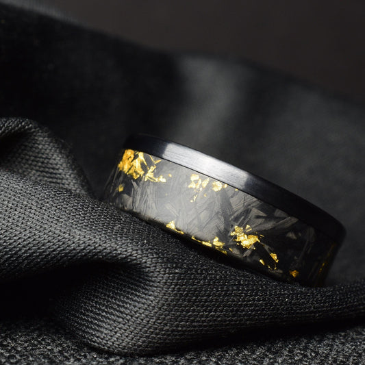 24k Gold Chopped Carbon Fiber Ring: Brushed Black Titanium Cuff.