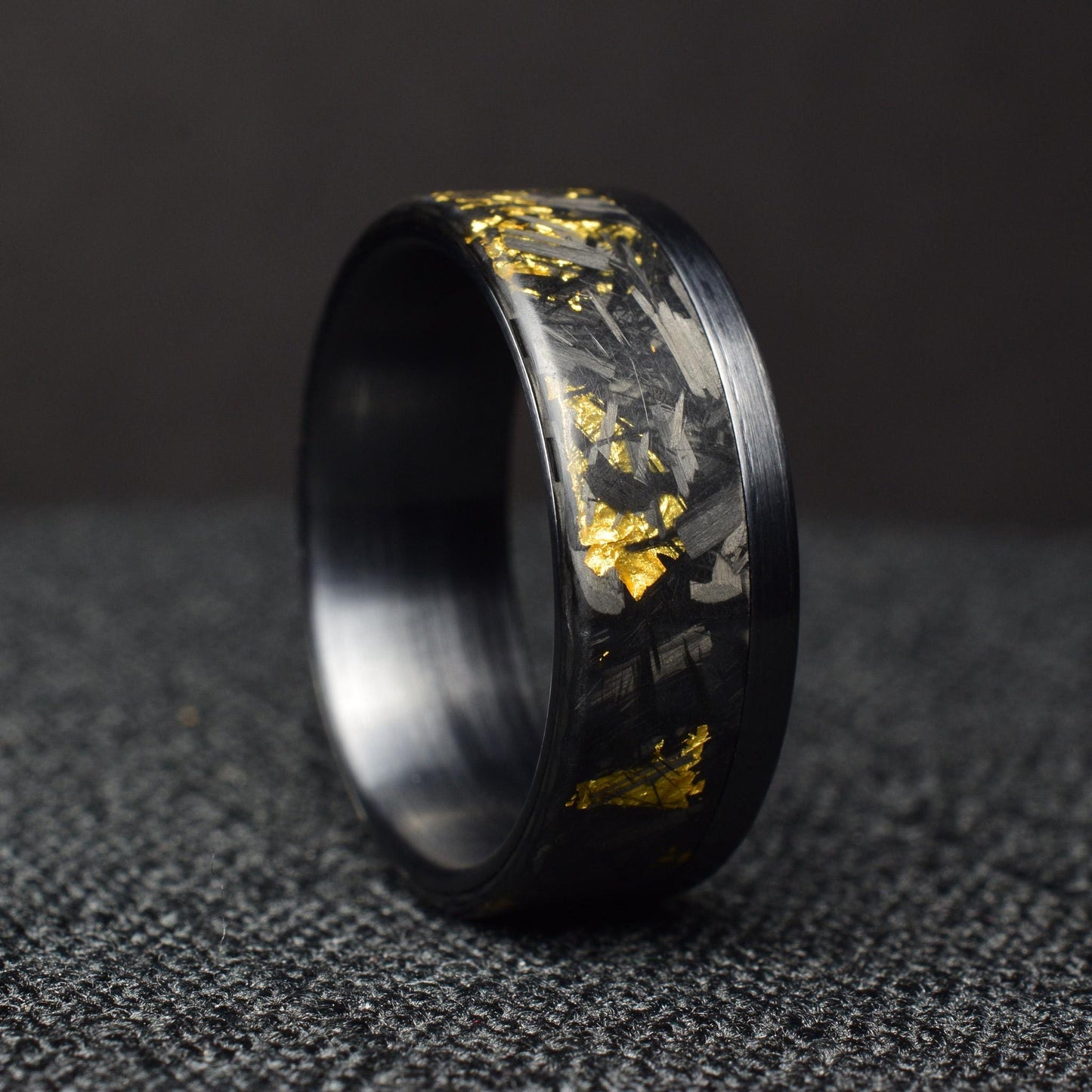 24k Gold Chopped Carbon Fiber Ring: Brushed Black Titanium Cuff.