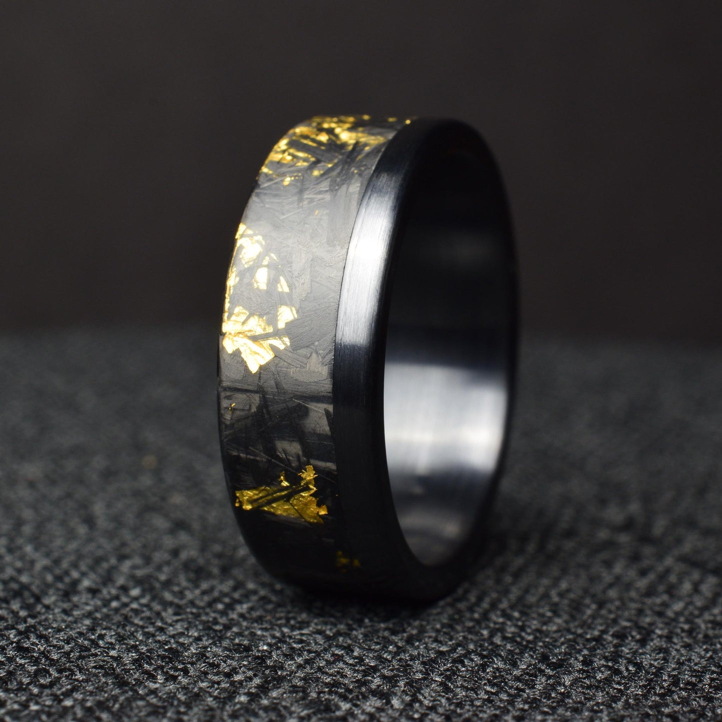 24k Gold Chopped Carbon Fiber Ring: Brushed Black Titanium Cuff.