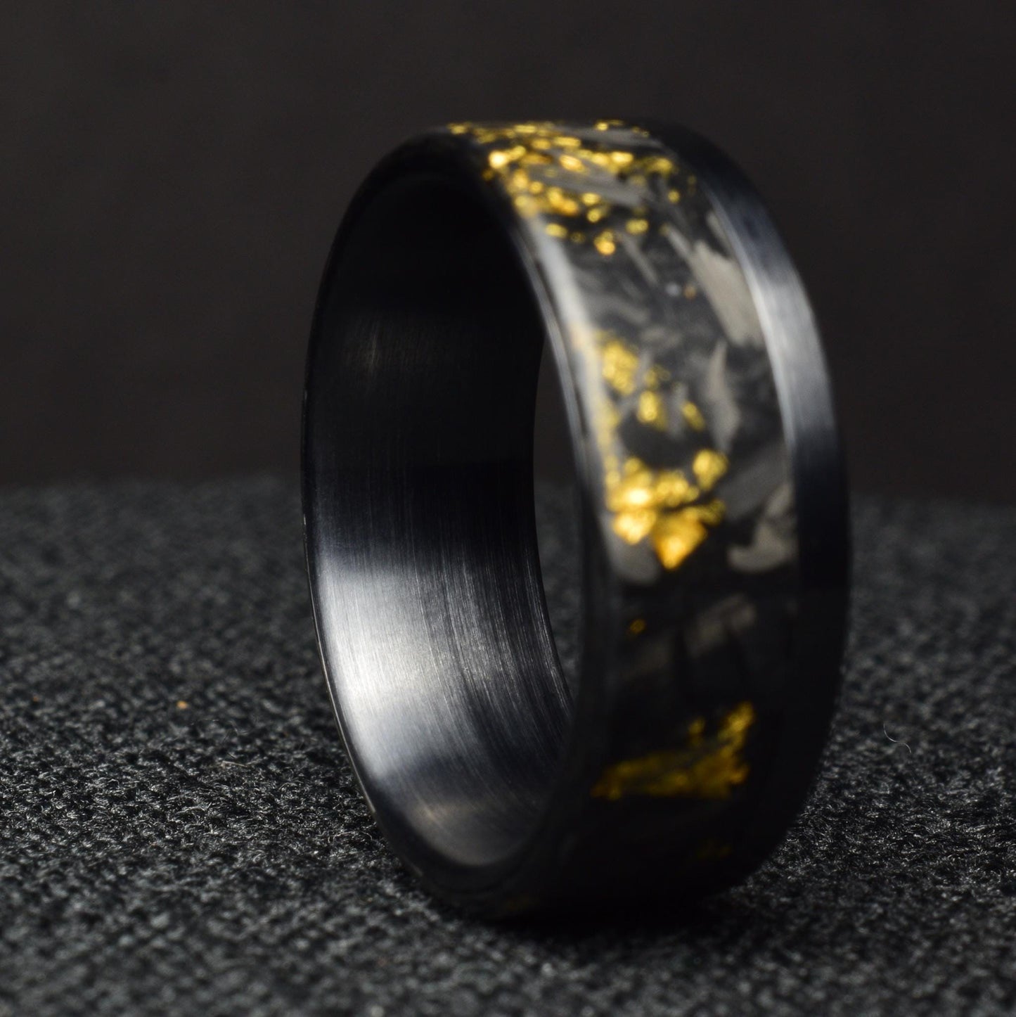 24k Gold Chopped Carbon Fiber Ring: Brushed Black Titanium Cuff.