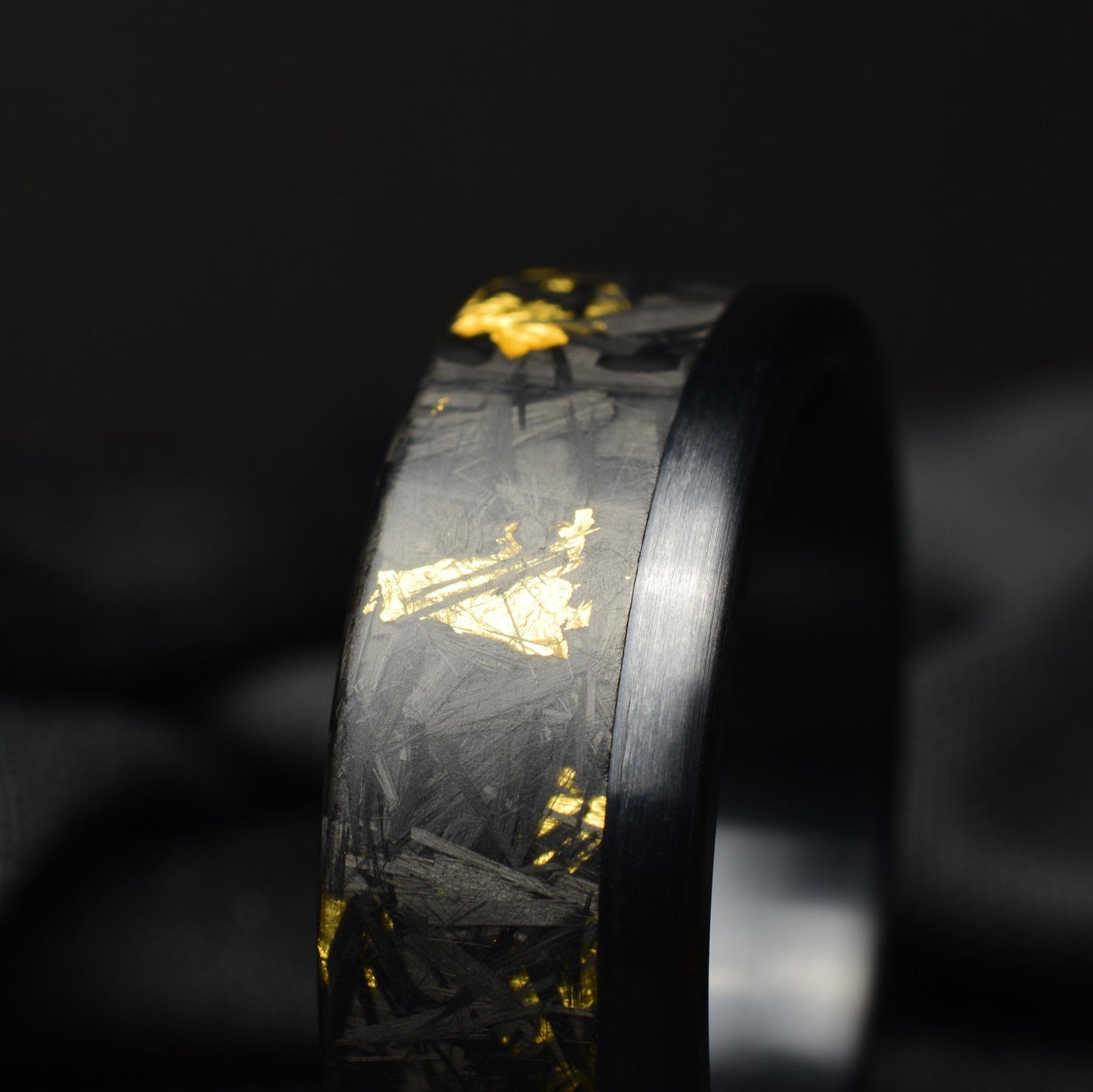 24k Gold Chopped Carbon Fiber Ring: Brushed Black Titanium Cuff.