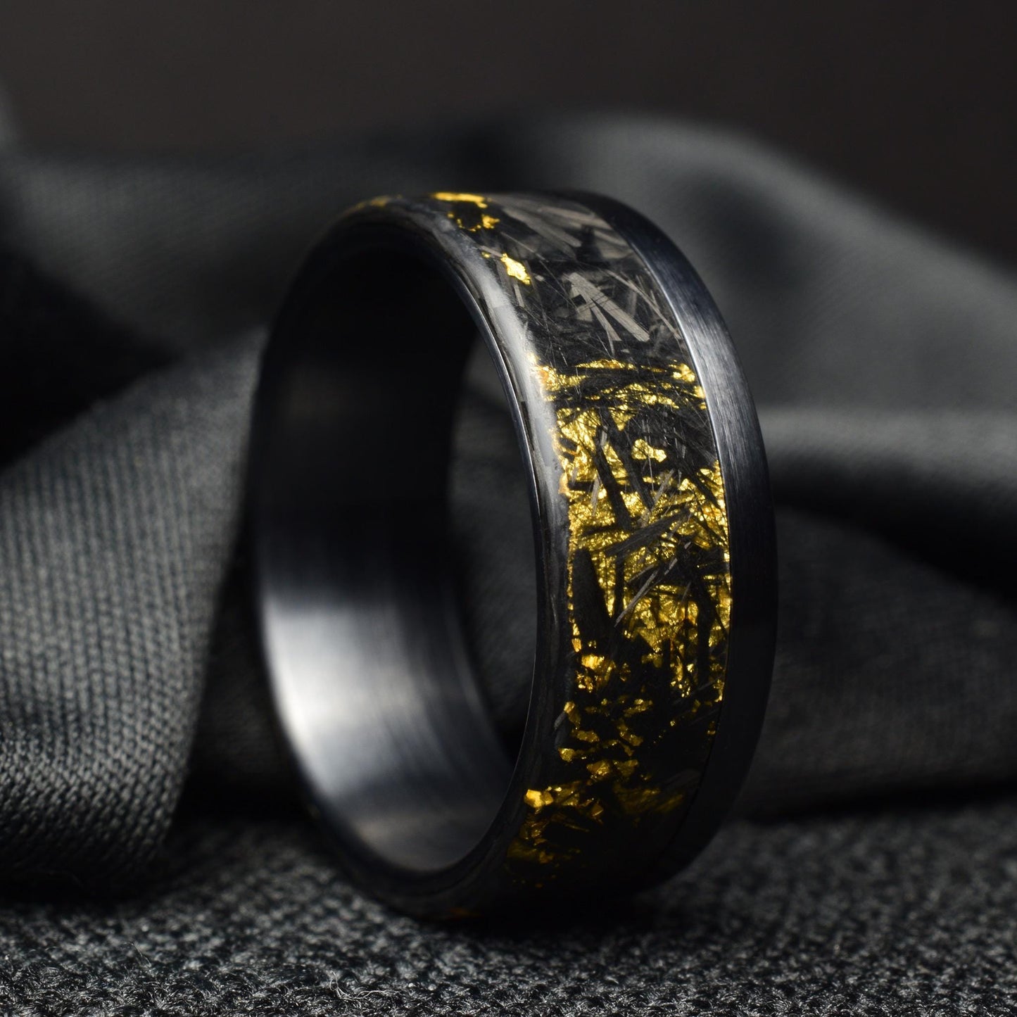 24k Gold Chopped Carbon Fiber Ring: Brushed Black Titanium Cuff.