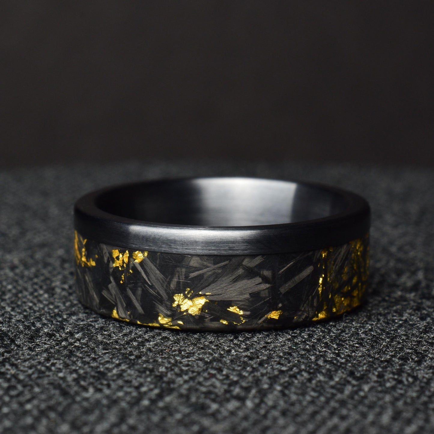 24k Gold Chopped Carbon Fiber Ring: Brushed Black Titanium Cuff.