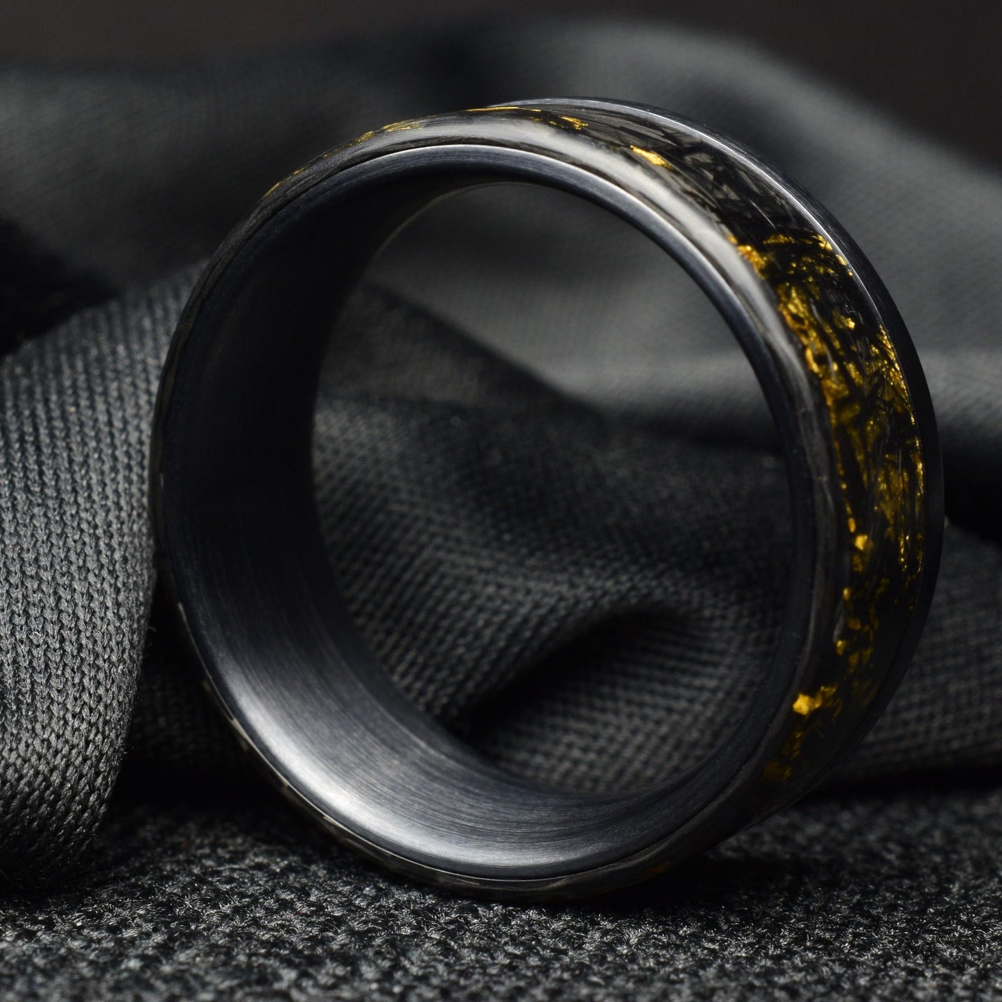 24k Gold Chopped Carbon Fiber Ring: Brushed Black Titanium Cuff.