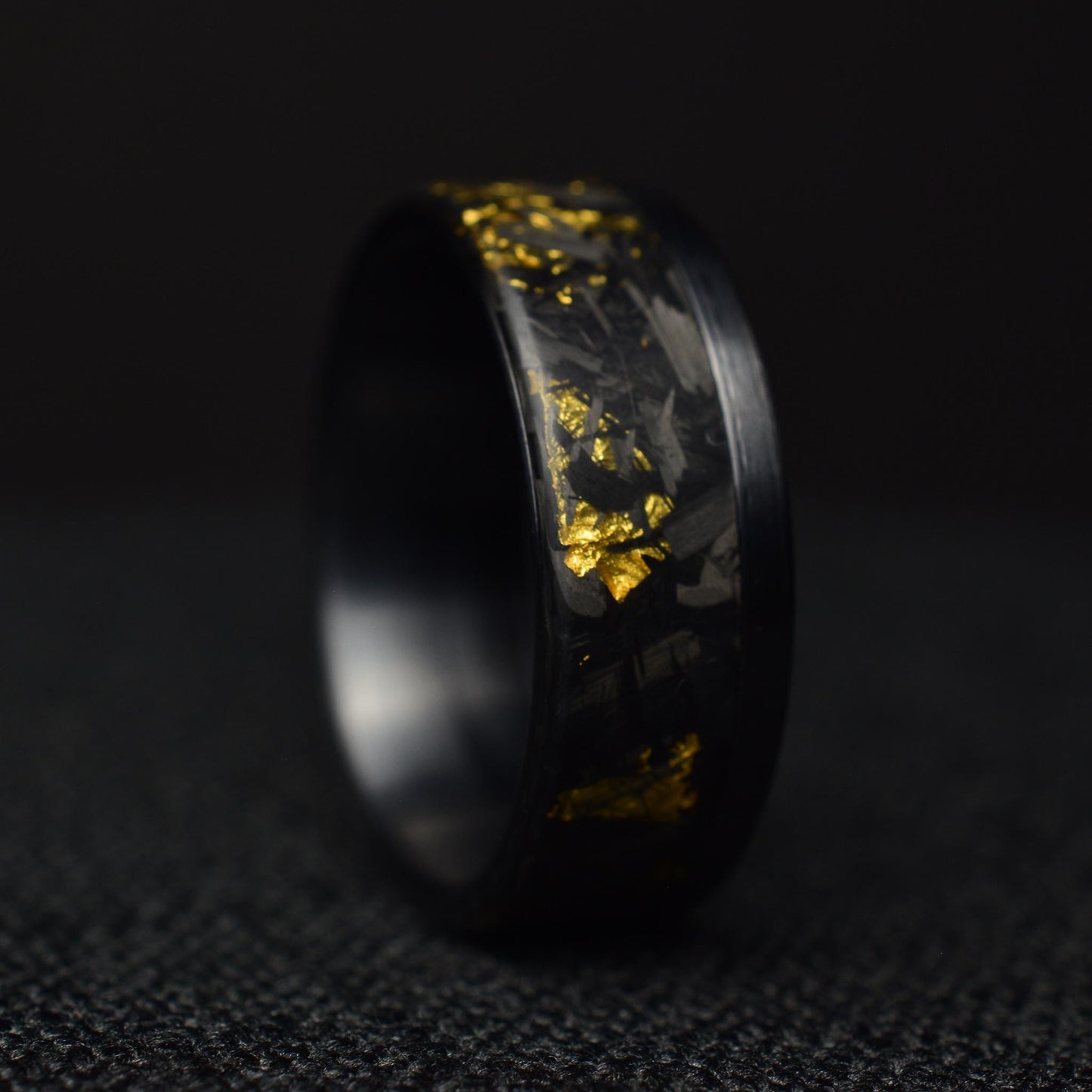 24k Gold Chopped Carbon Fiber Ring: Brushed Black Titanium Cuff.