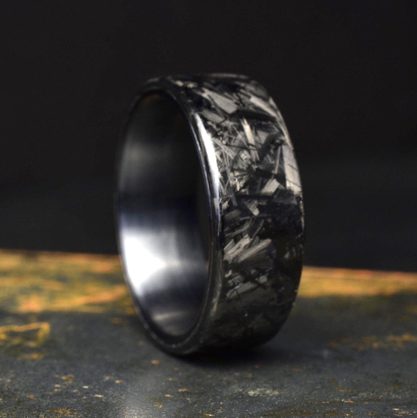 Polished Small Chopped Carbon Fiber Ring with Brushed Black Titanium Liner - Nightfall