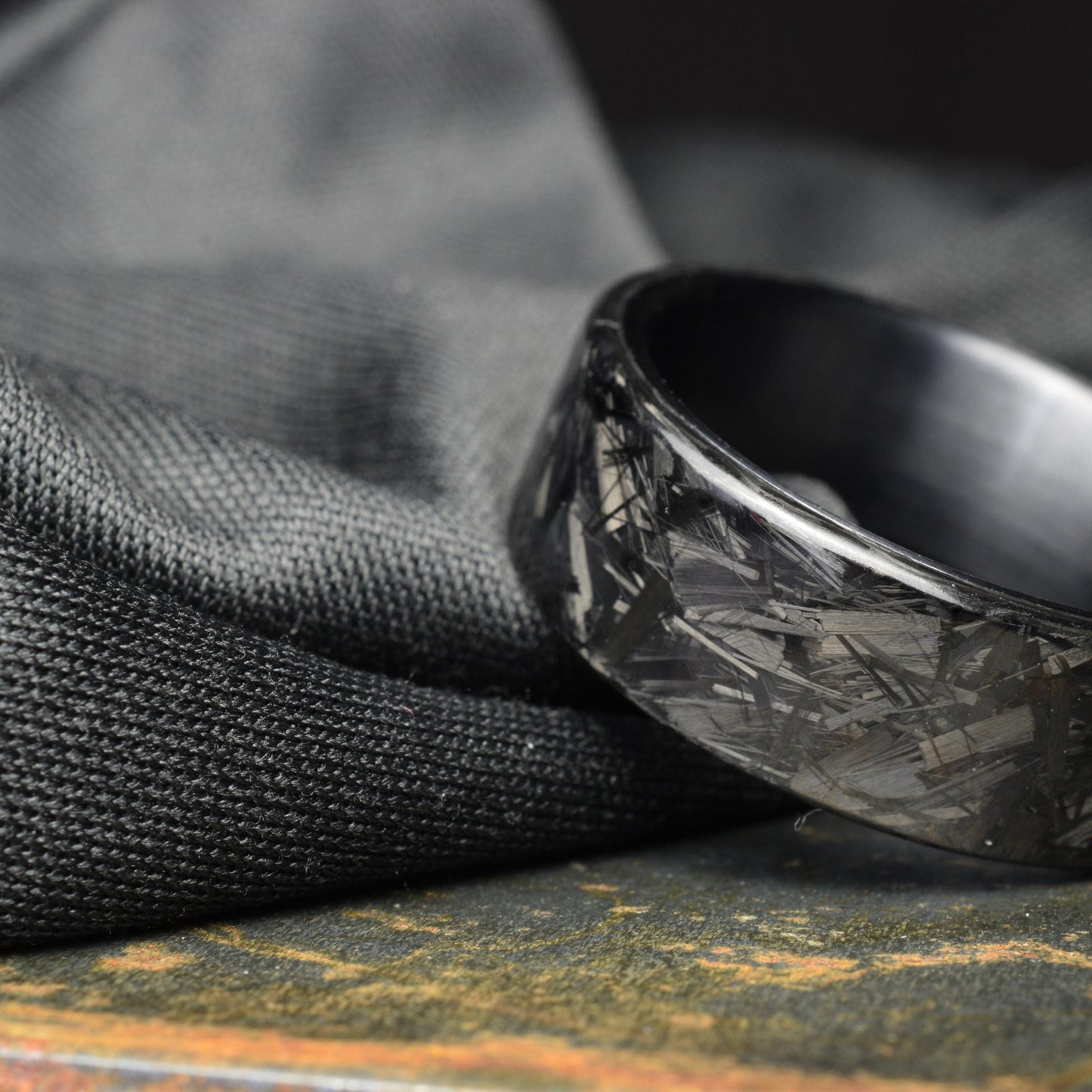 Polished Small Chopped Carbon Fiber Ring with Brushed Black Titanium Liner - Nightfall