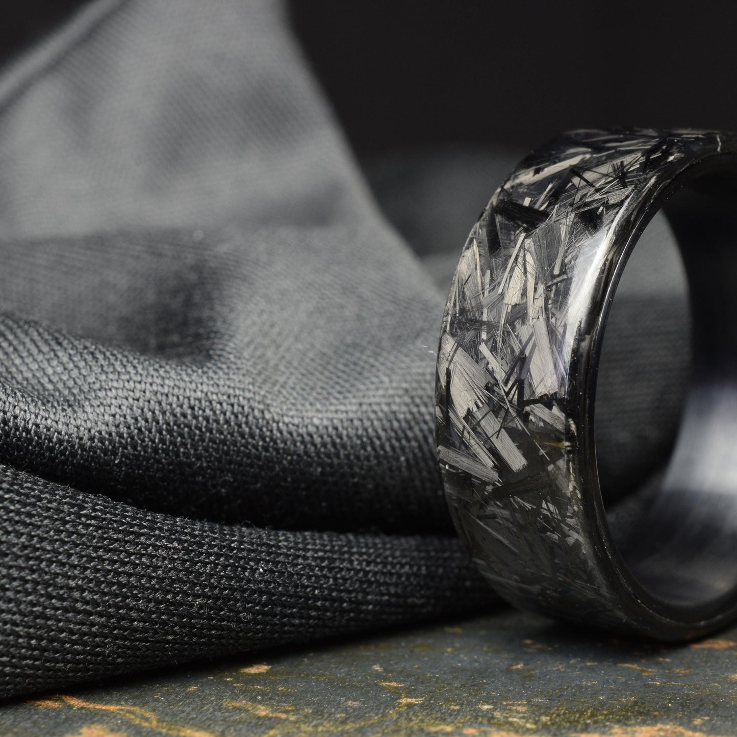 Polished Small Chopped Carbon Fiber Ring with Brushed Black Titanium Liner - Nightfall