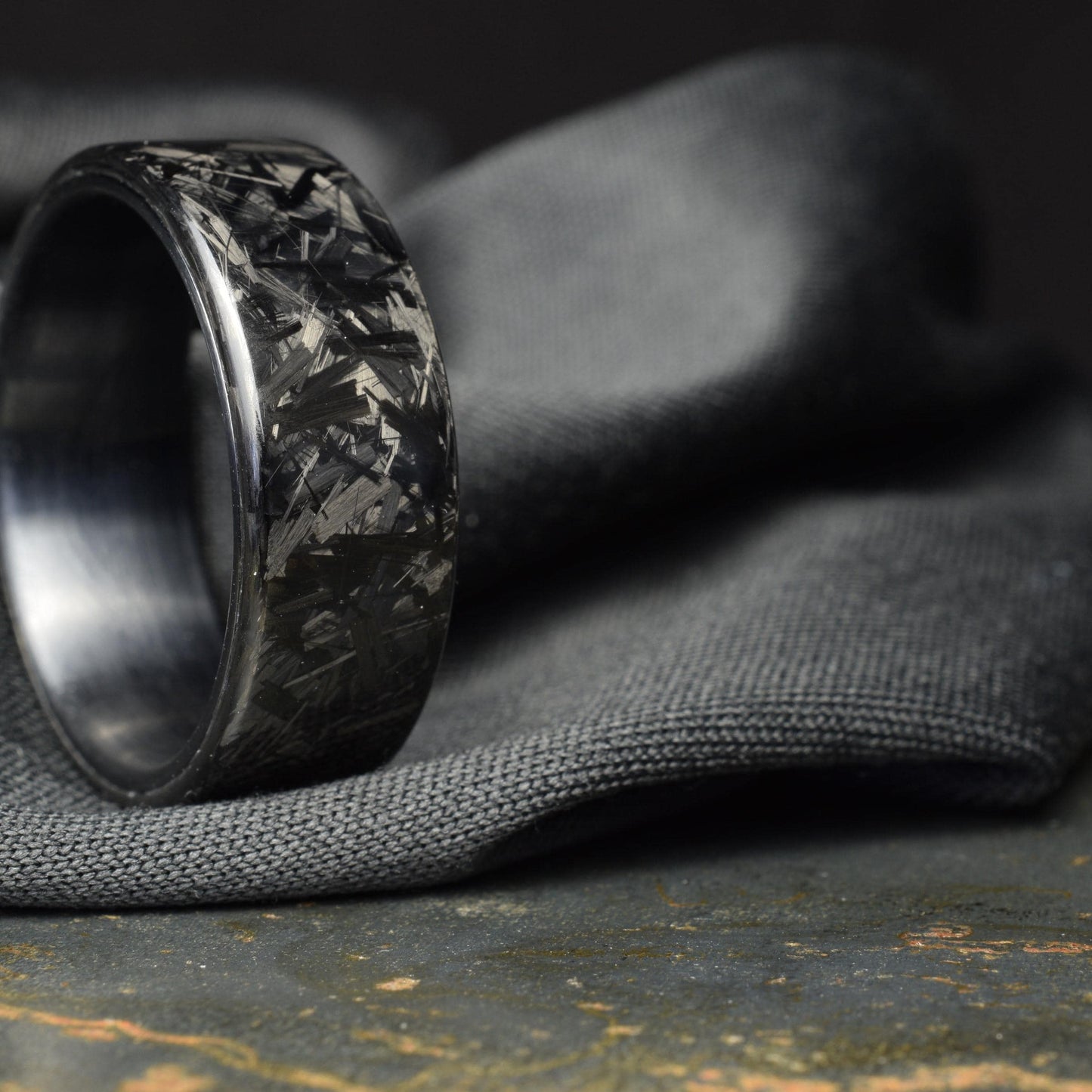 Polished Small Chopped Carbon Fiber Ring with Brushed Black Titanium Liner - Nightfall