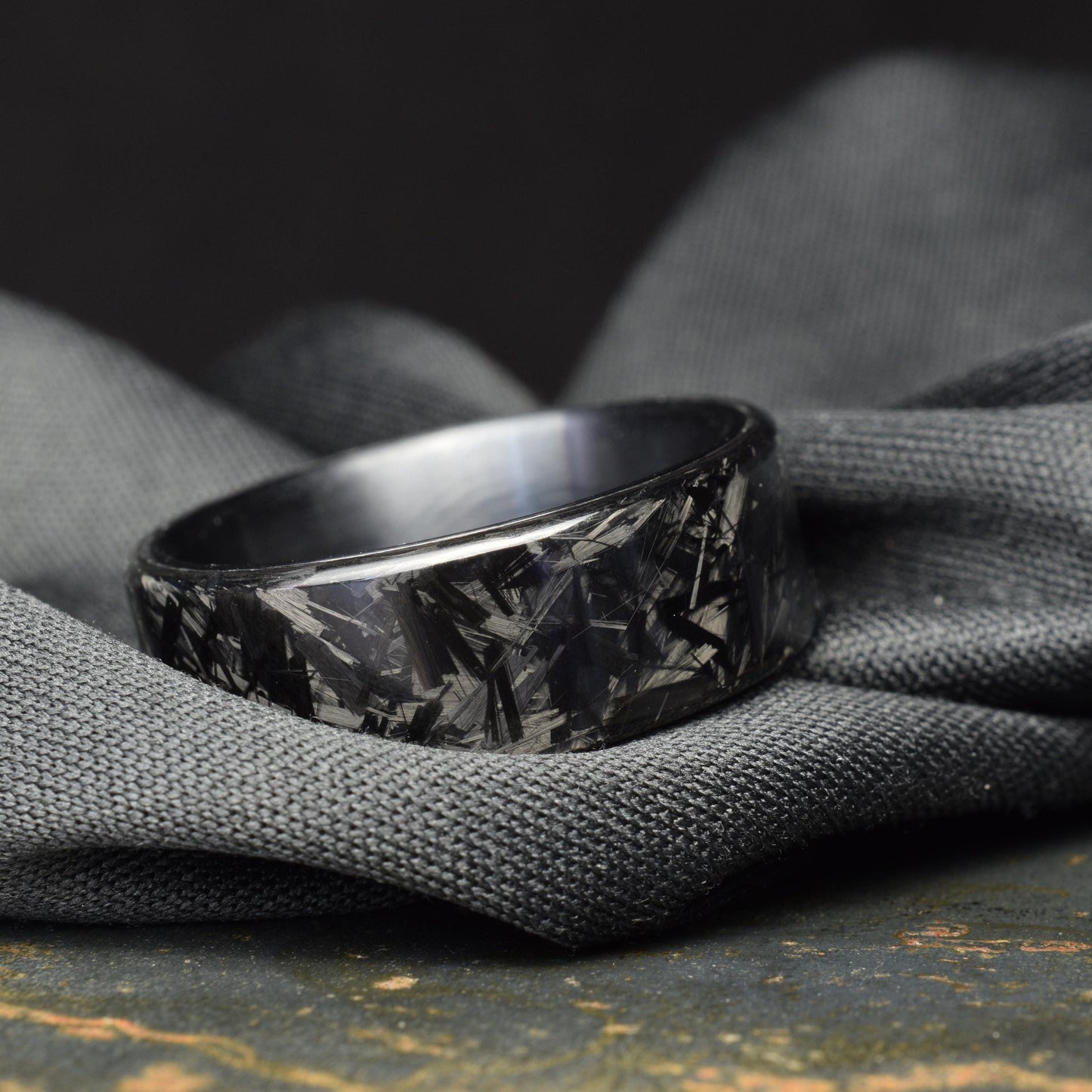 Polished Small Chopped Carbon Fiber Ring with Brushed Black Titanium Liner - Nightfall