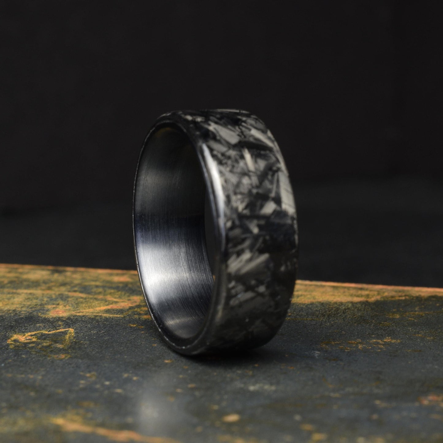 Polished Small Chopped Carbon Fiber Ring with Brushed Black Titanium Liner - Nightfall