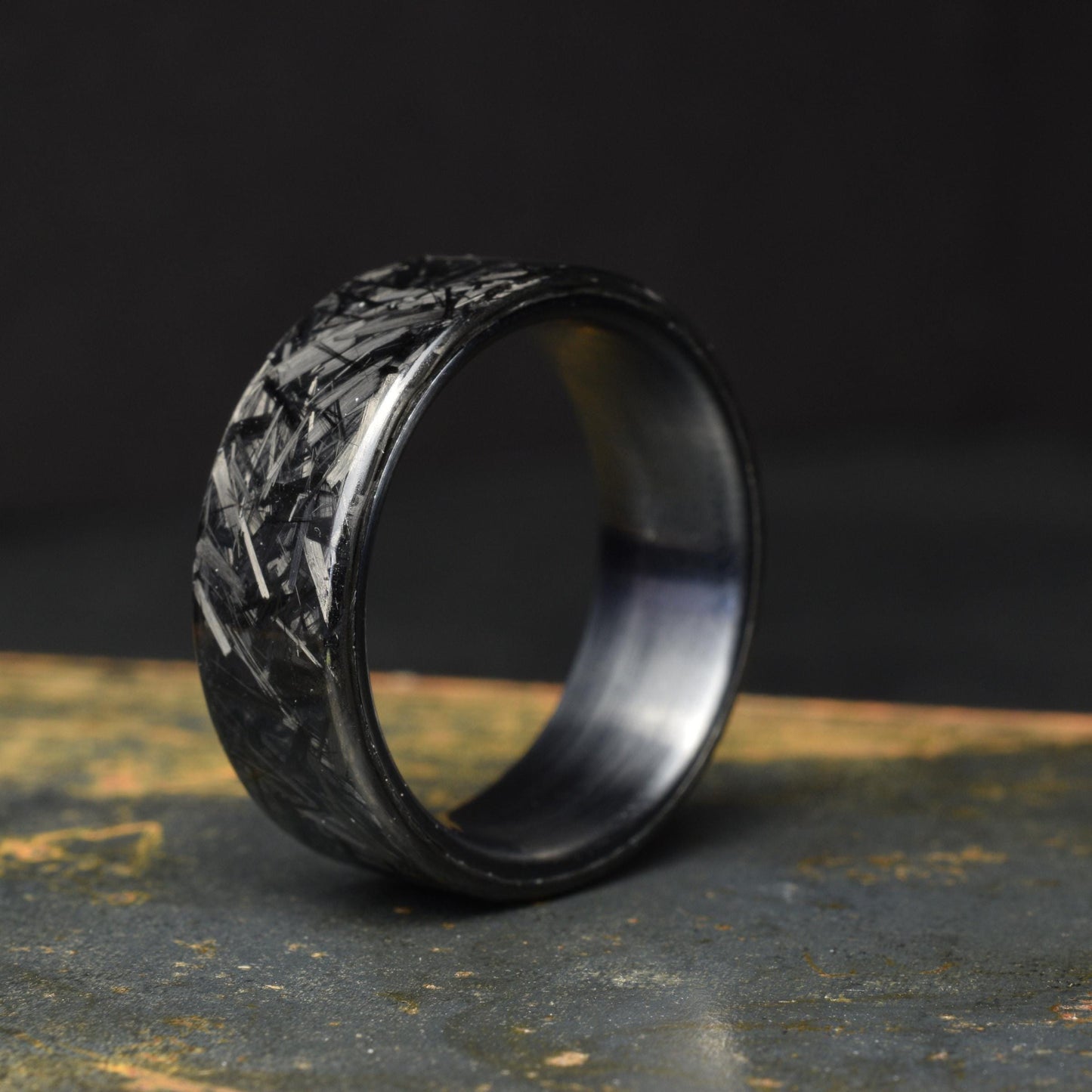 Polished Small Chopped Carbon Fiber Ring with Brushed Black Titanium Liner - Nightfall