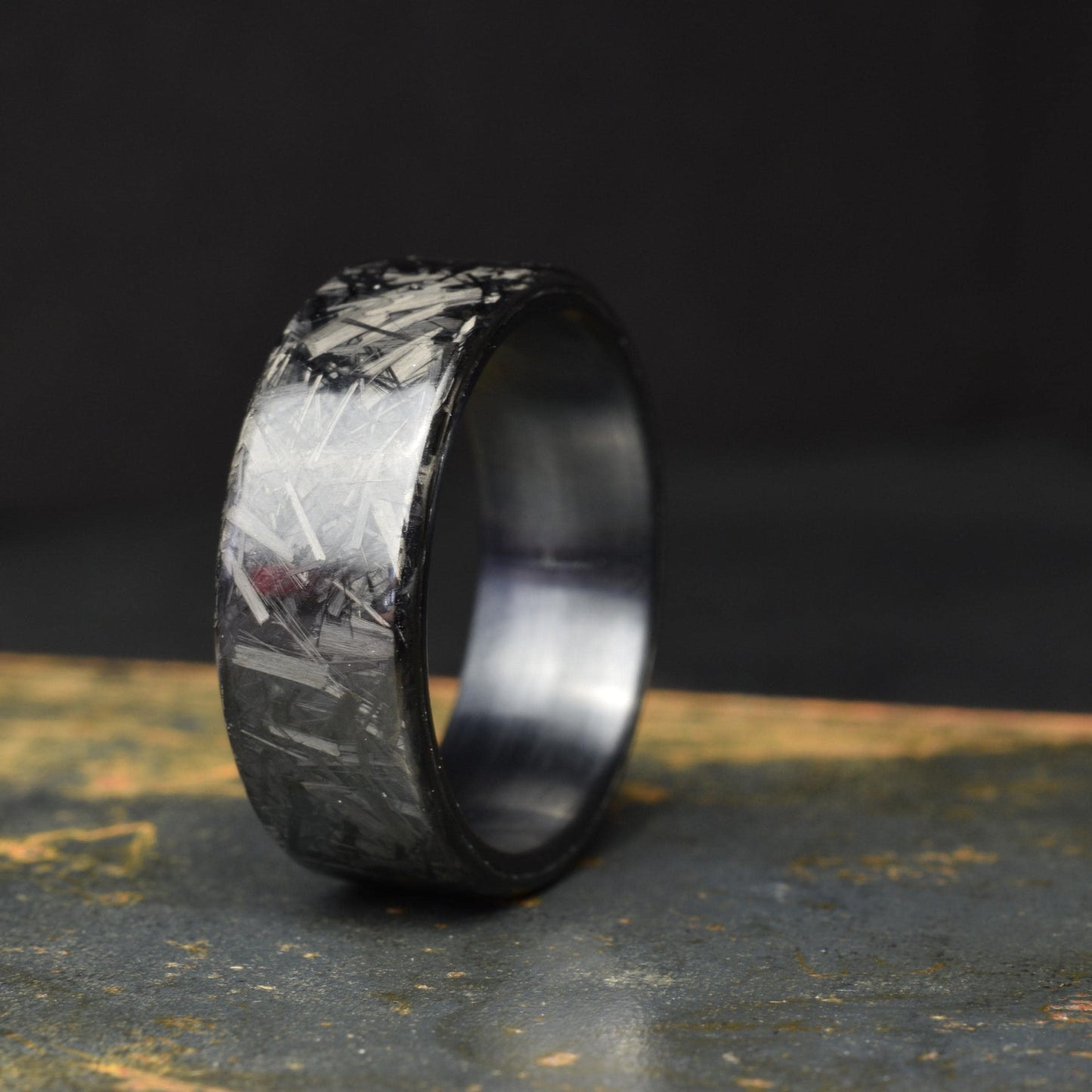 Polished Small Chopped Carbon Fiber Ring with Brushed Black Titanium Liner - Nightfall