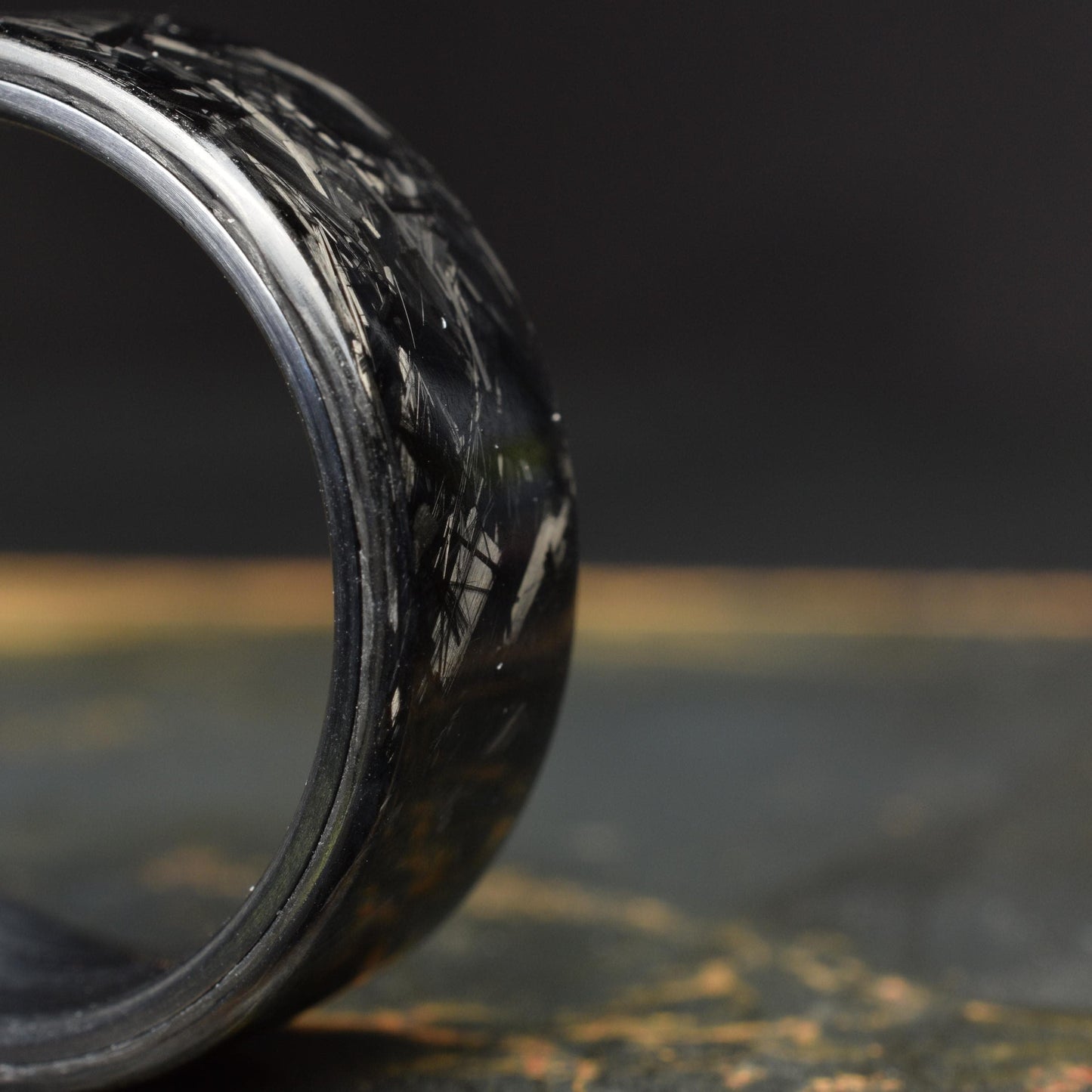 Polished Small Chopped Carbon Fiber Ring with Brushed Black Titanium Liner - Nightfall
