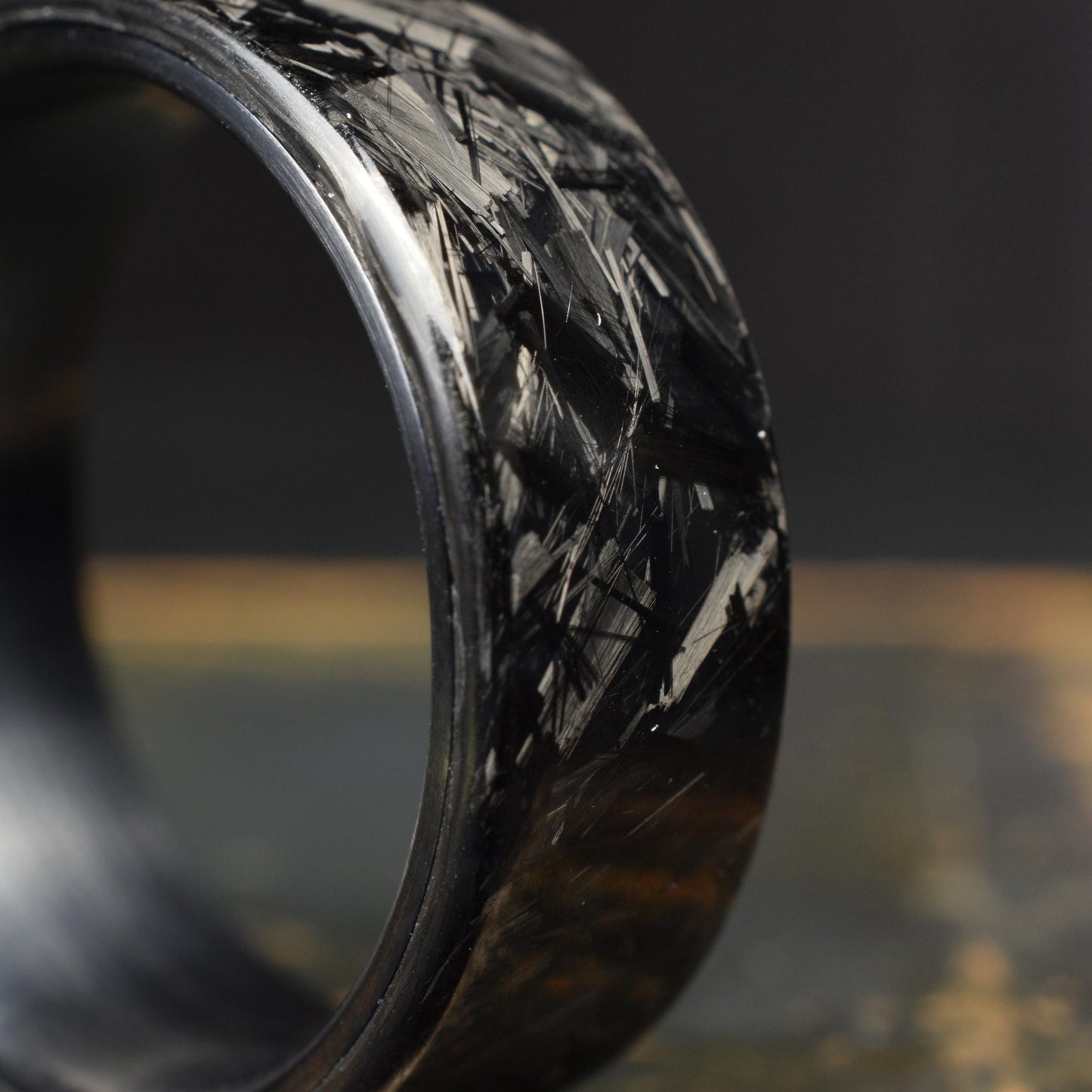 Polished Small Chopped Carbon Fiber Ring with Brushed Black Titanium Liner - Nightfall