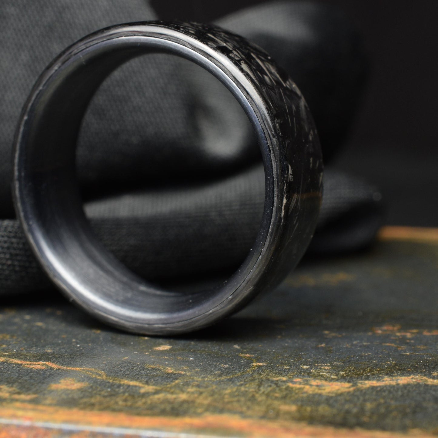 Polished Small Chopped Carbon Fiber Ring with Brushed Black Titanium Liner - Nightfall