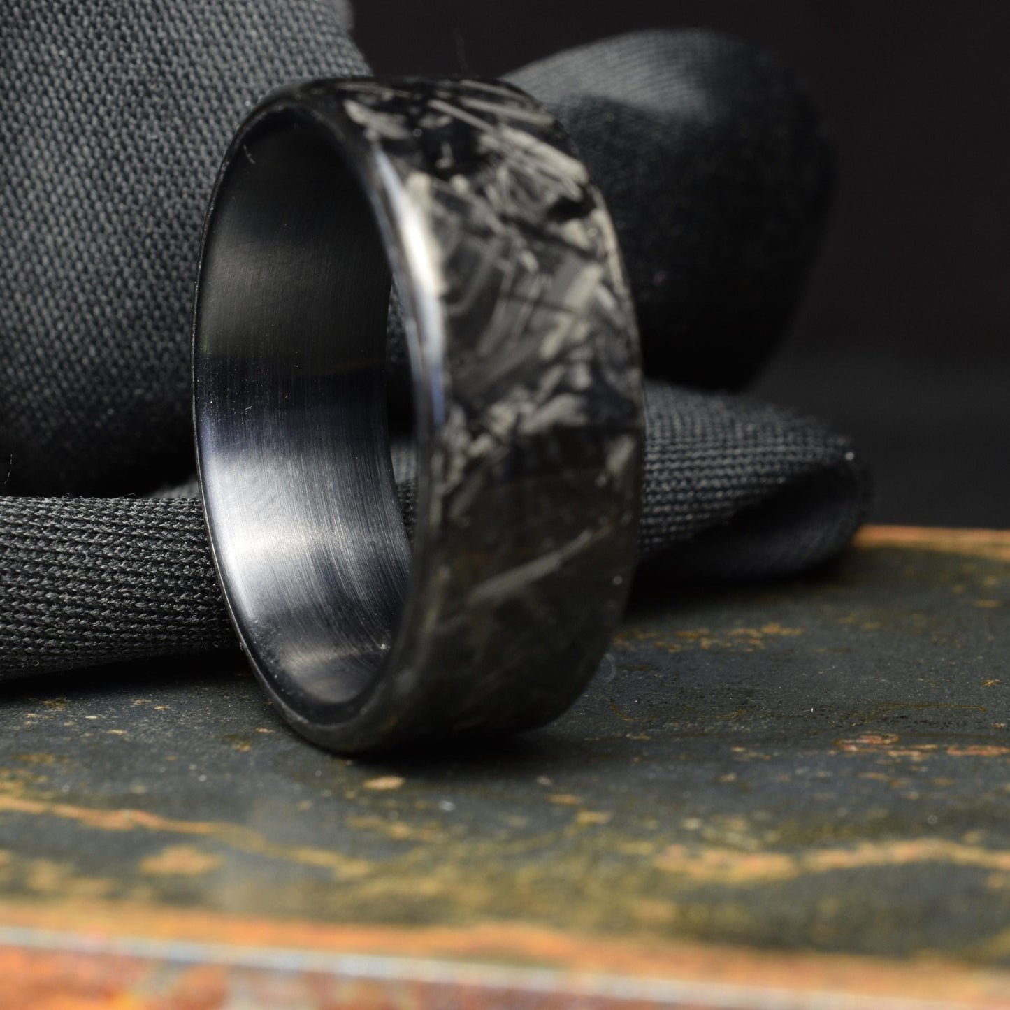 Polished Small Chopped Carbon Fiber Ring with Brushed Black Titanium Liner - Nightfall