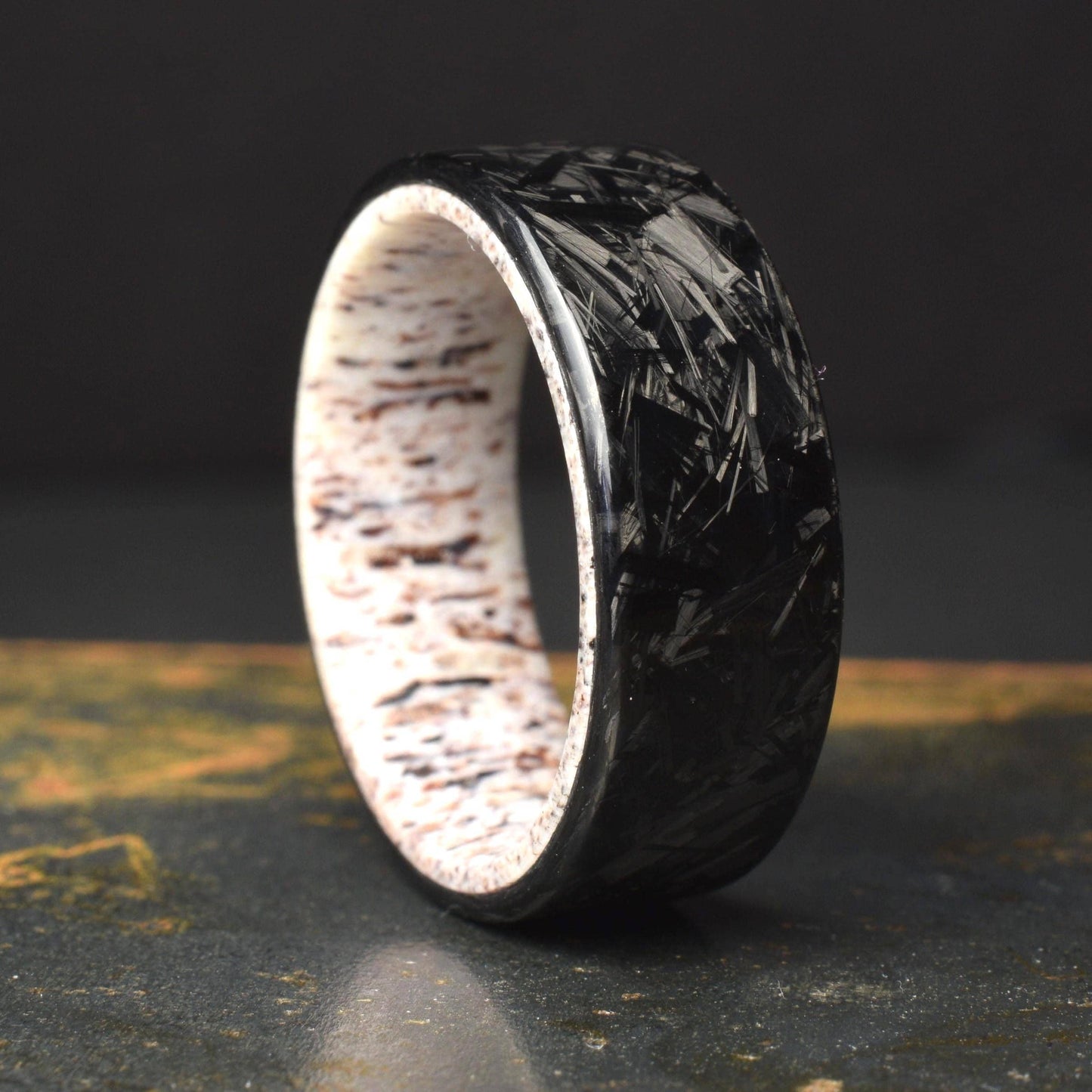 Polished Small Chopped Carbon Fiber Wedding Band with Deer Antler Liner — Stagline Classic