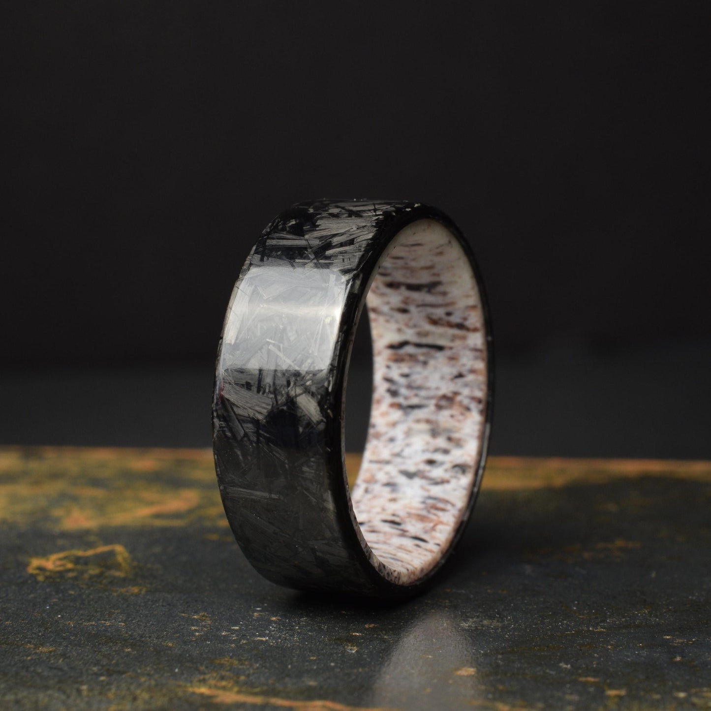 Polished Small Chopped Carbon Fiber Wedding Band with Deer Antler Liner — Stagline Classic