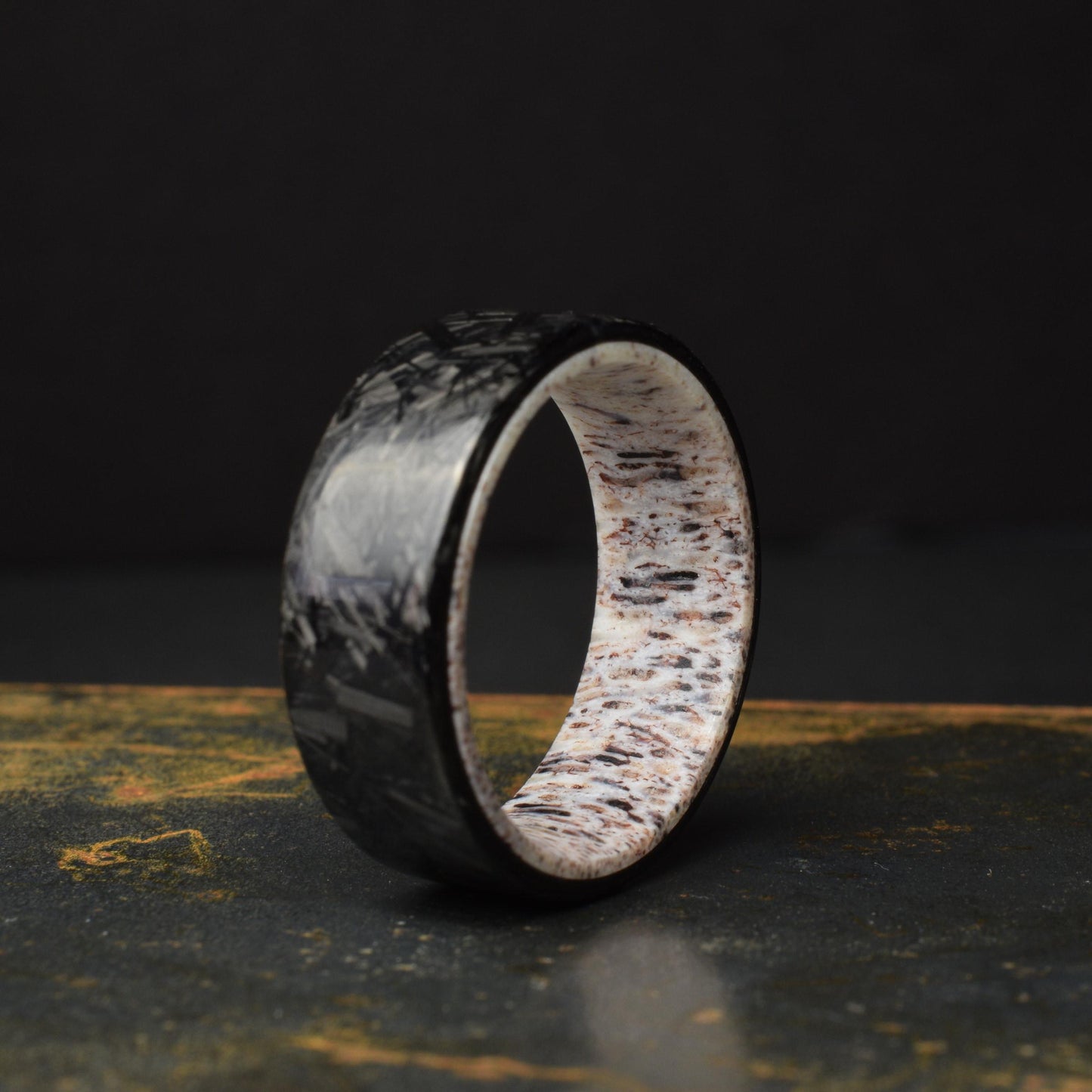 Polished Small Chopped Carbon Fiber Wedding Band with Deer Antler Liner — Stagline Classic