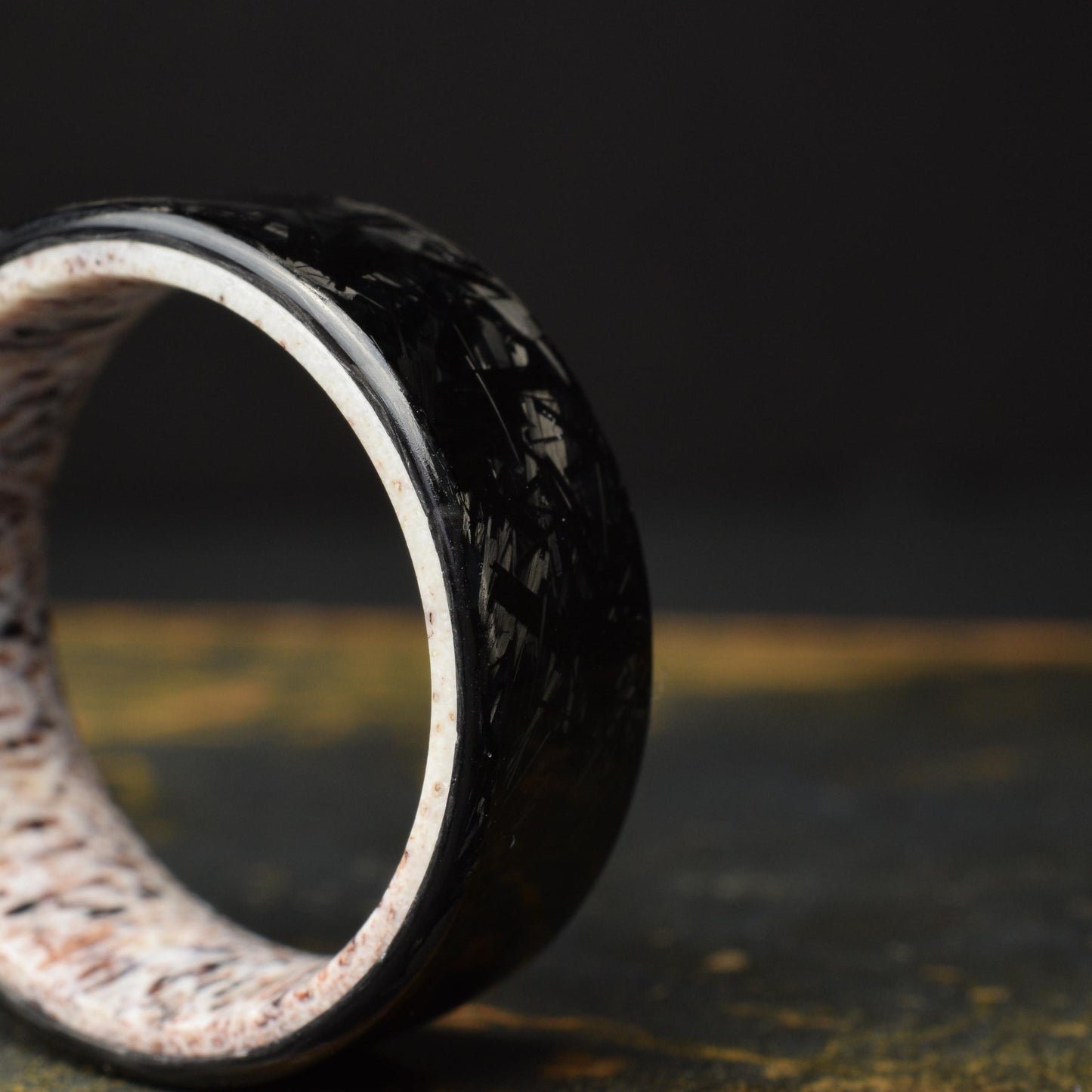 Polished Small Chopped Carbon Fiber Wedding Band with Deer Antler Liner — Stagline Classic