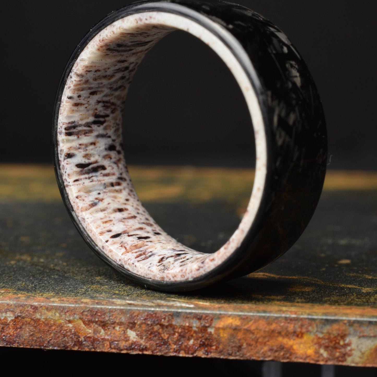 Polished Small Chopped Carbon Fiber Wedding Band with Deer Antler Liner — Stagline Classic