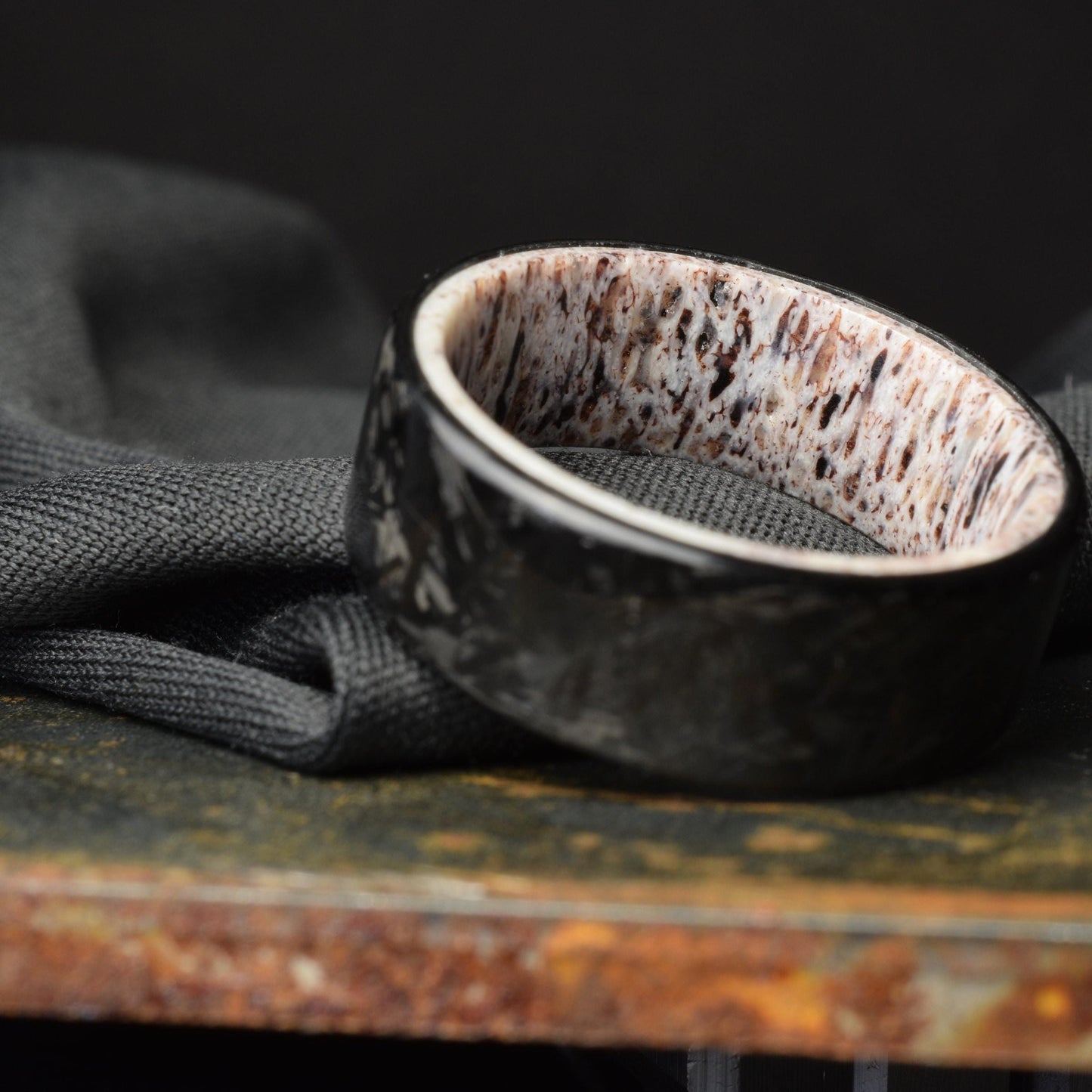 Polished Small Chopped Carbon Fiber Wedding Band with Deer Antler Liner — Stagline Classic
