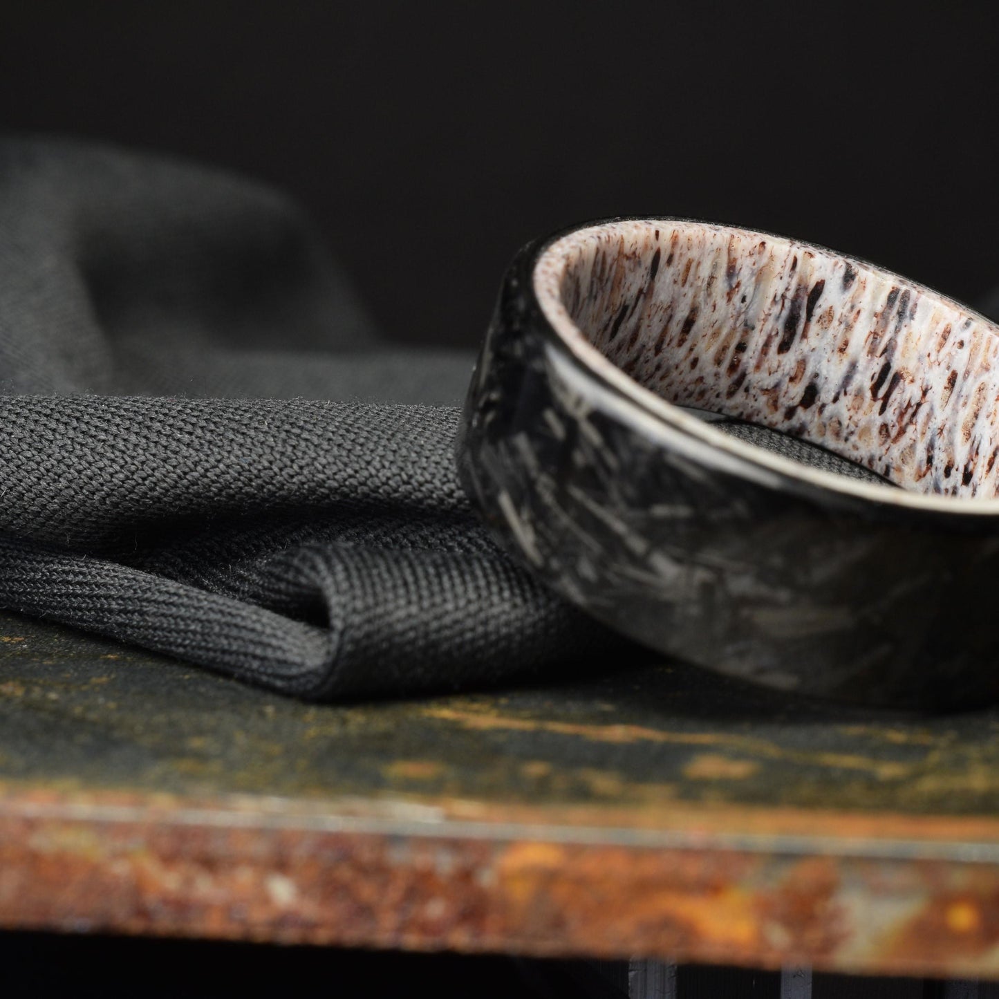 Polished Small Chopped Carbon Fiber Wedding Band with Deer Antler Liner — Stagline Classic