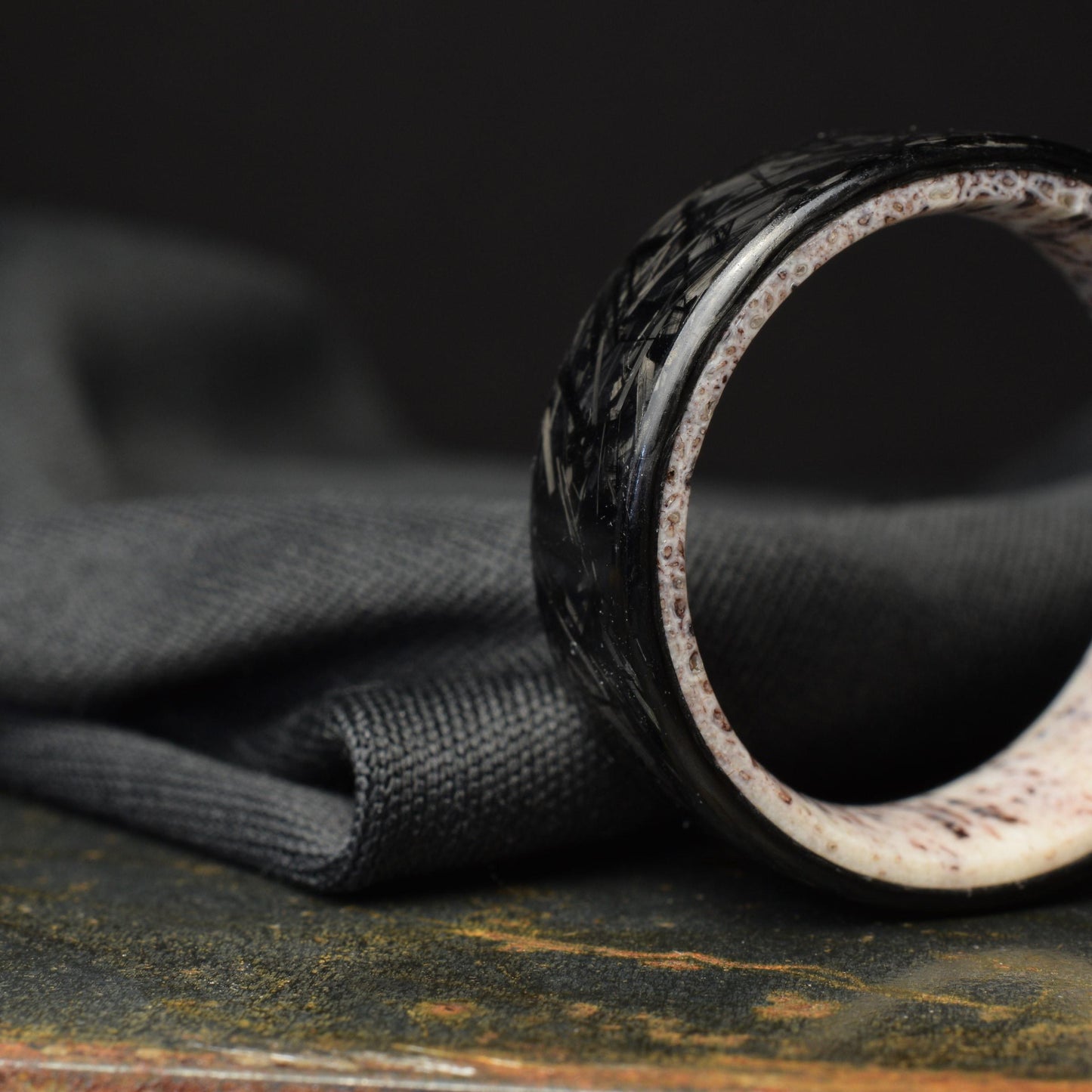 Polished Small Chopped Carbon Fiber Wedding Band with Deer Antler Liner — Stagline Classic
