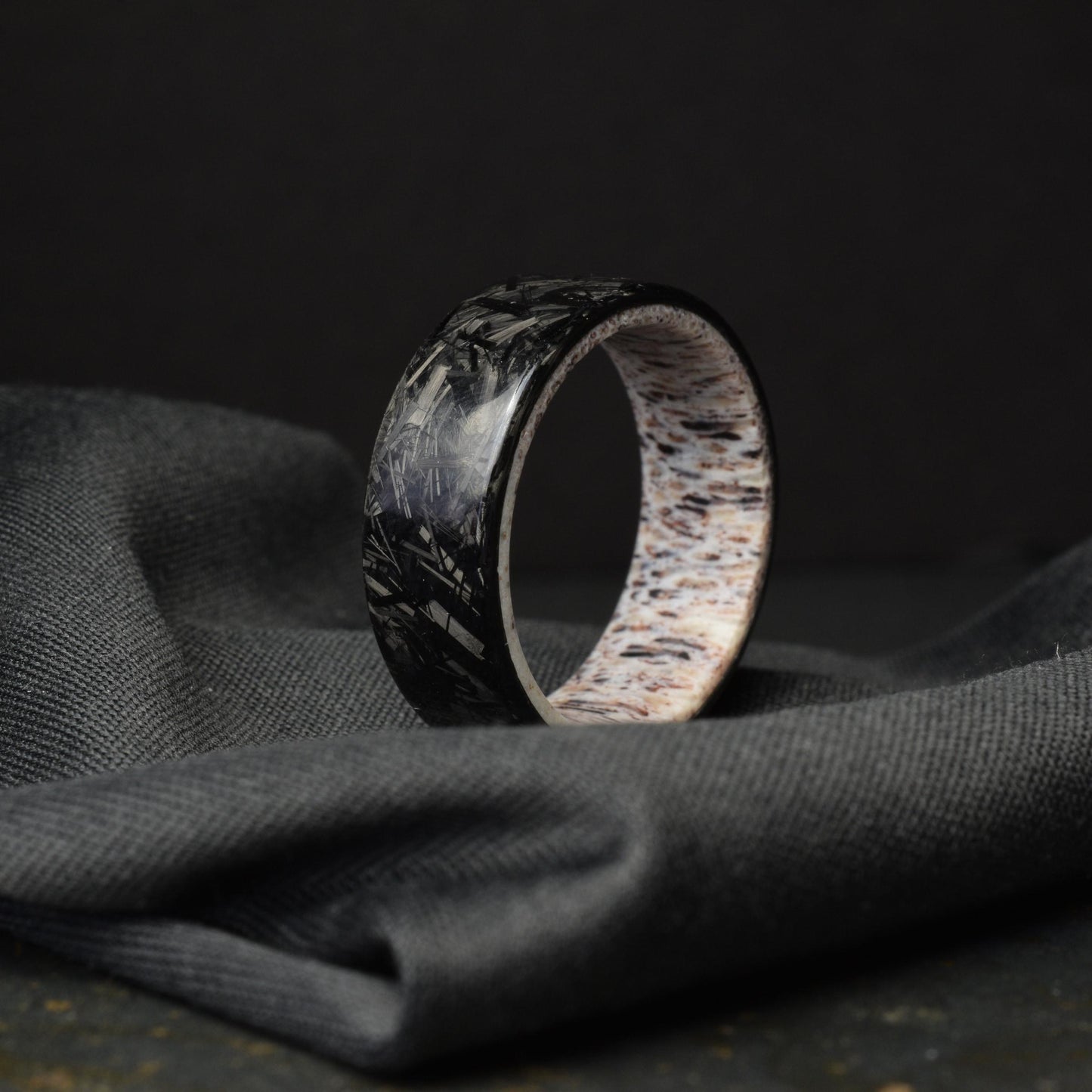 Polished Small Chopped Carbon Fiber Wedding Band with Deer Antler Liner — Stagline Classic