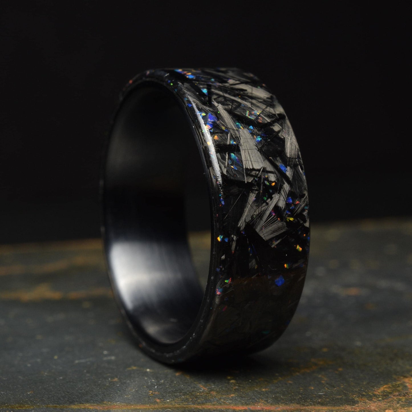 Small Chopped Forged Carbon with Blue/Red Opal on Brushed Black Titanium - Lowlight