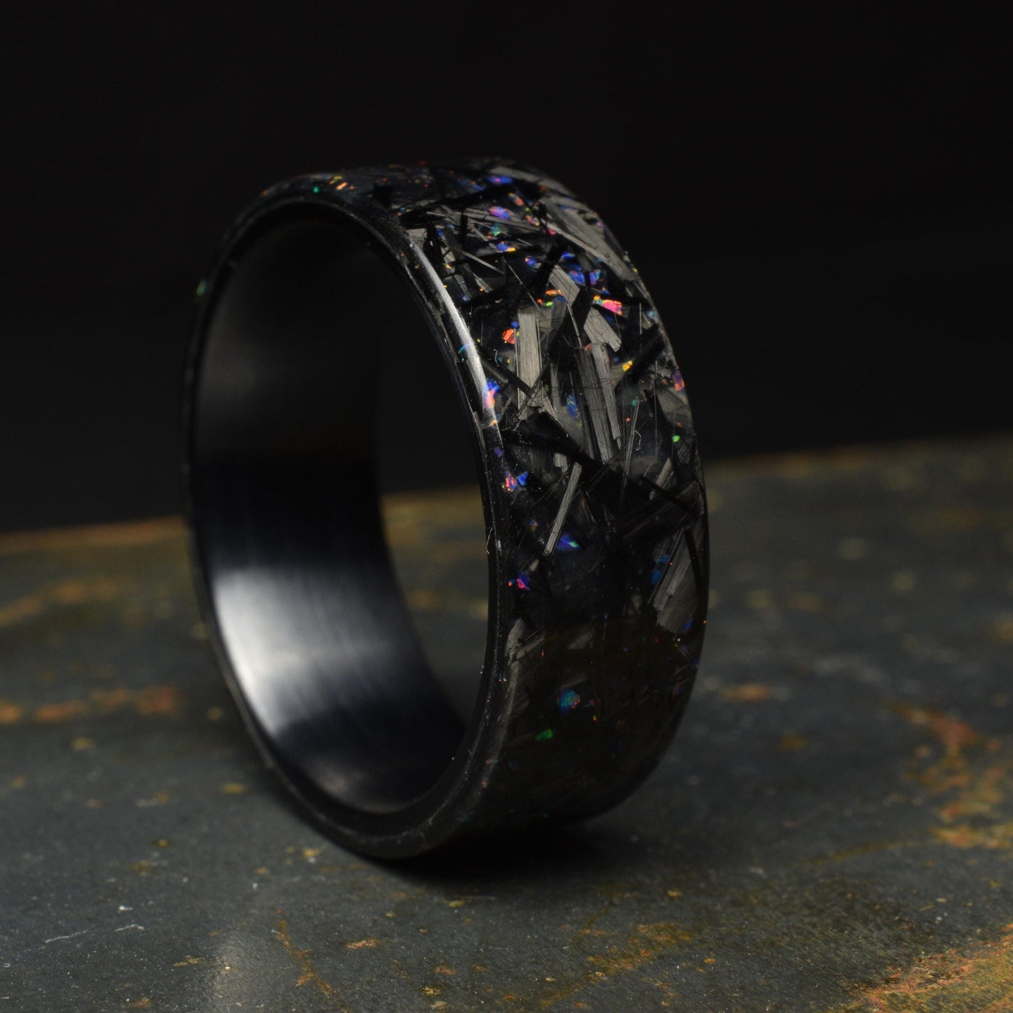 Small Chopped Forged Carbon with Blue/Red Opal on Brushed Black Titanium - Lowlight
