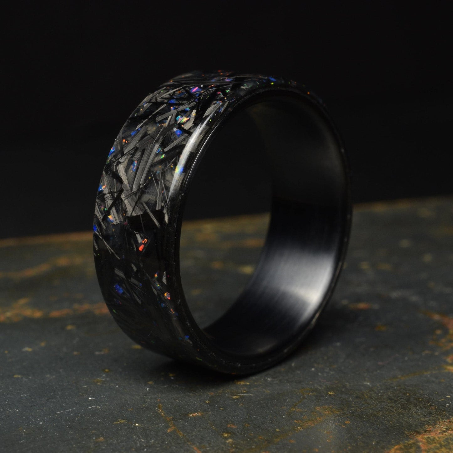 Small Chopped Forged Carbon with Blue/Red Opal on Brushed Black Titanium - Lowlight