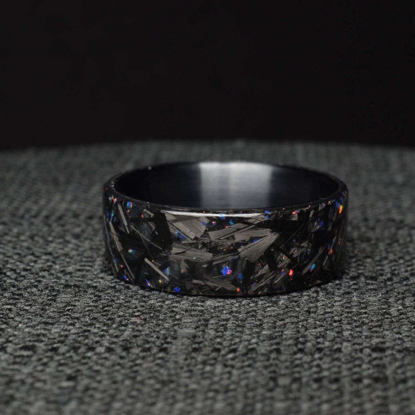 Small Chopped Forged Carbon with Blue/Red Opal on Brushed Black Titanium - Lowlight