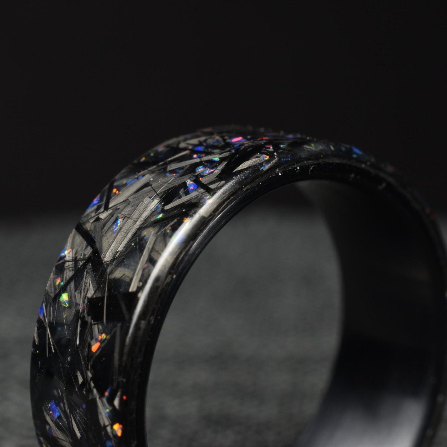 Small Chopped Forged Carbon with Blue/Red Opal on Brushed Black Titanium - Lowlight